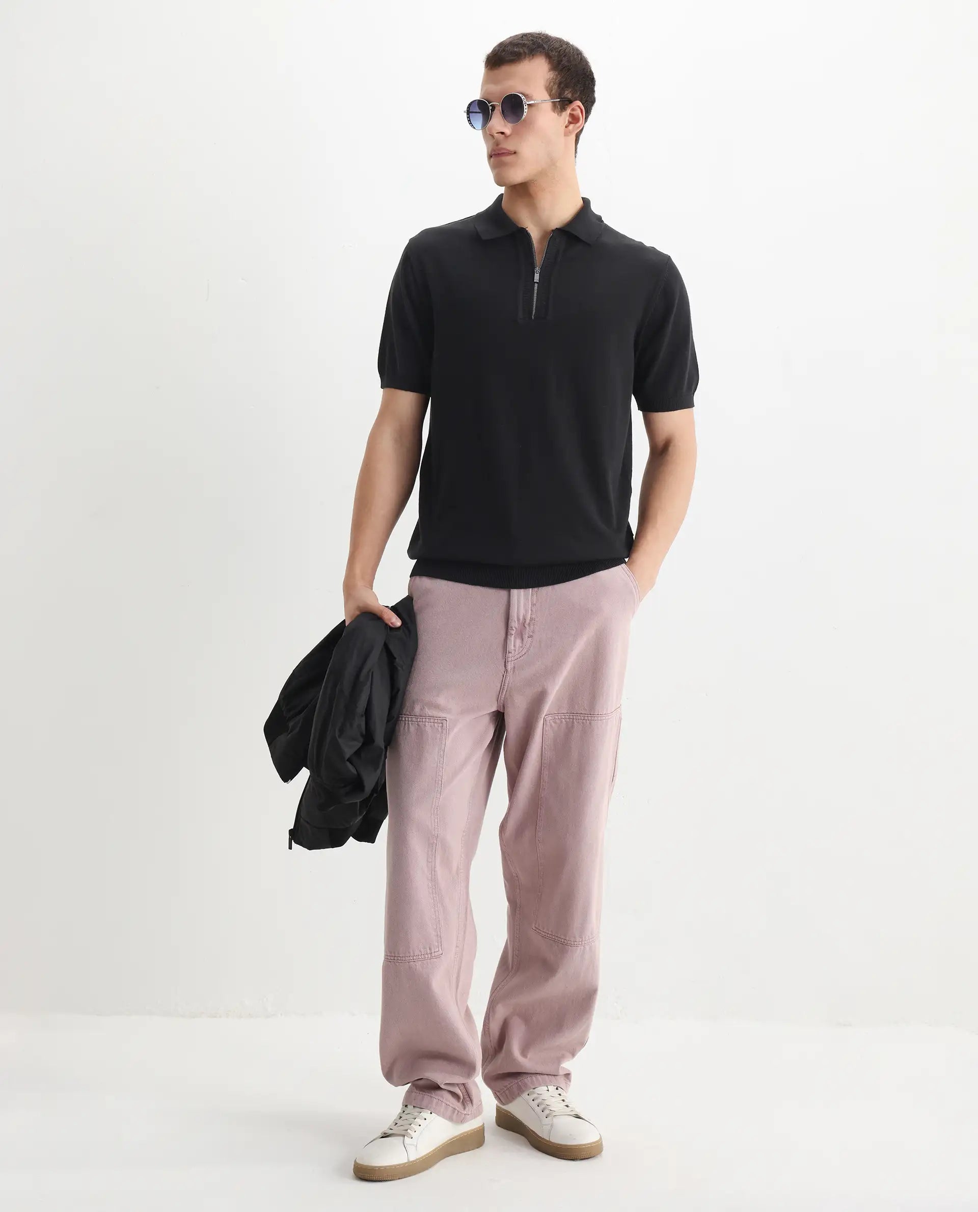 Rare Rabbit Men's Ryd Black Cotton Plain Regular Fit Half Sleeve Polo