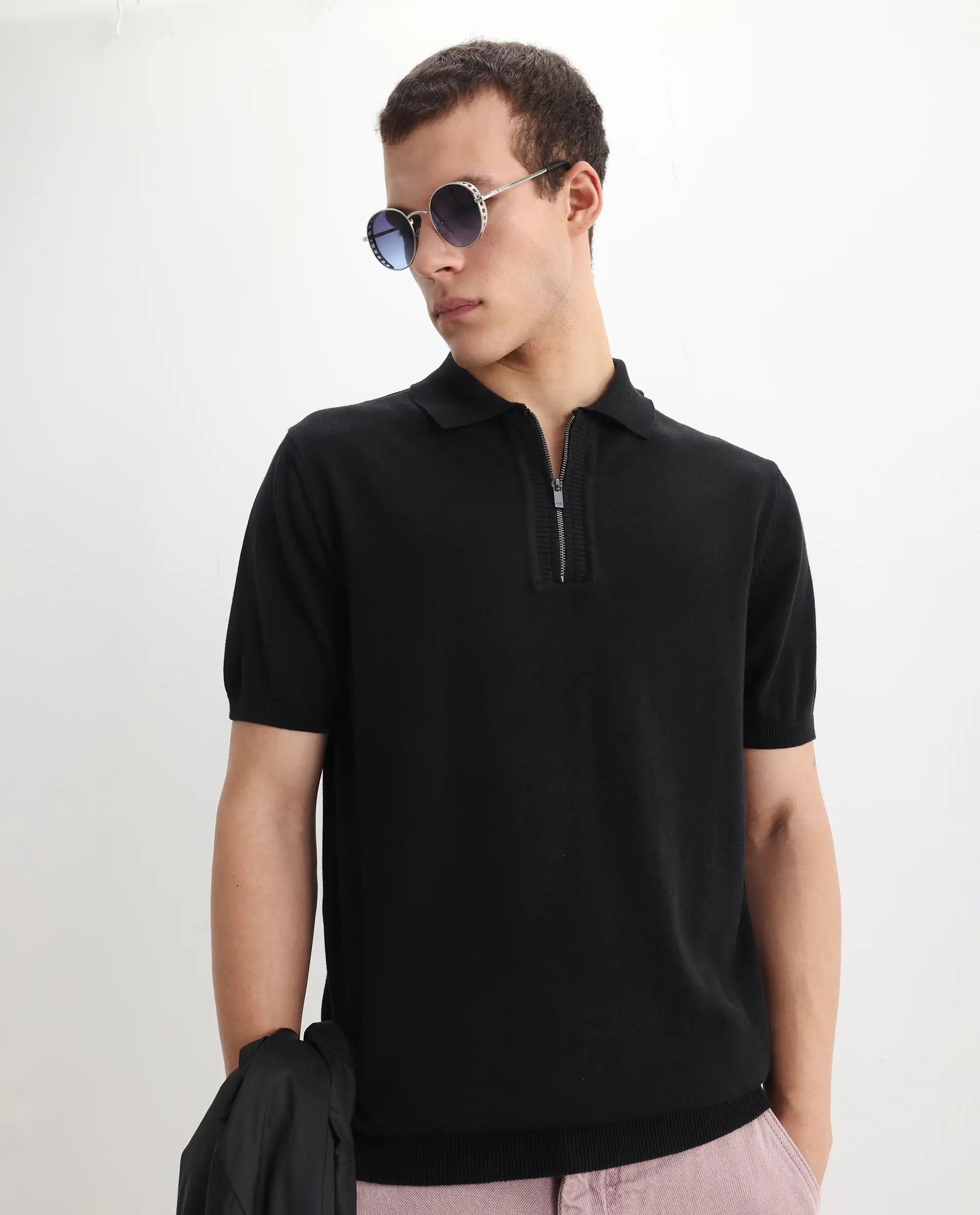 Rare Rabbit Men's Ryd Black Cotton Plain Regular Fit Half Sleeve Polo