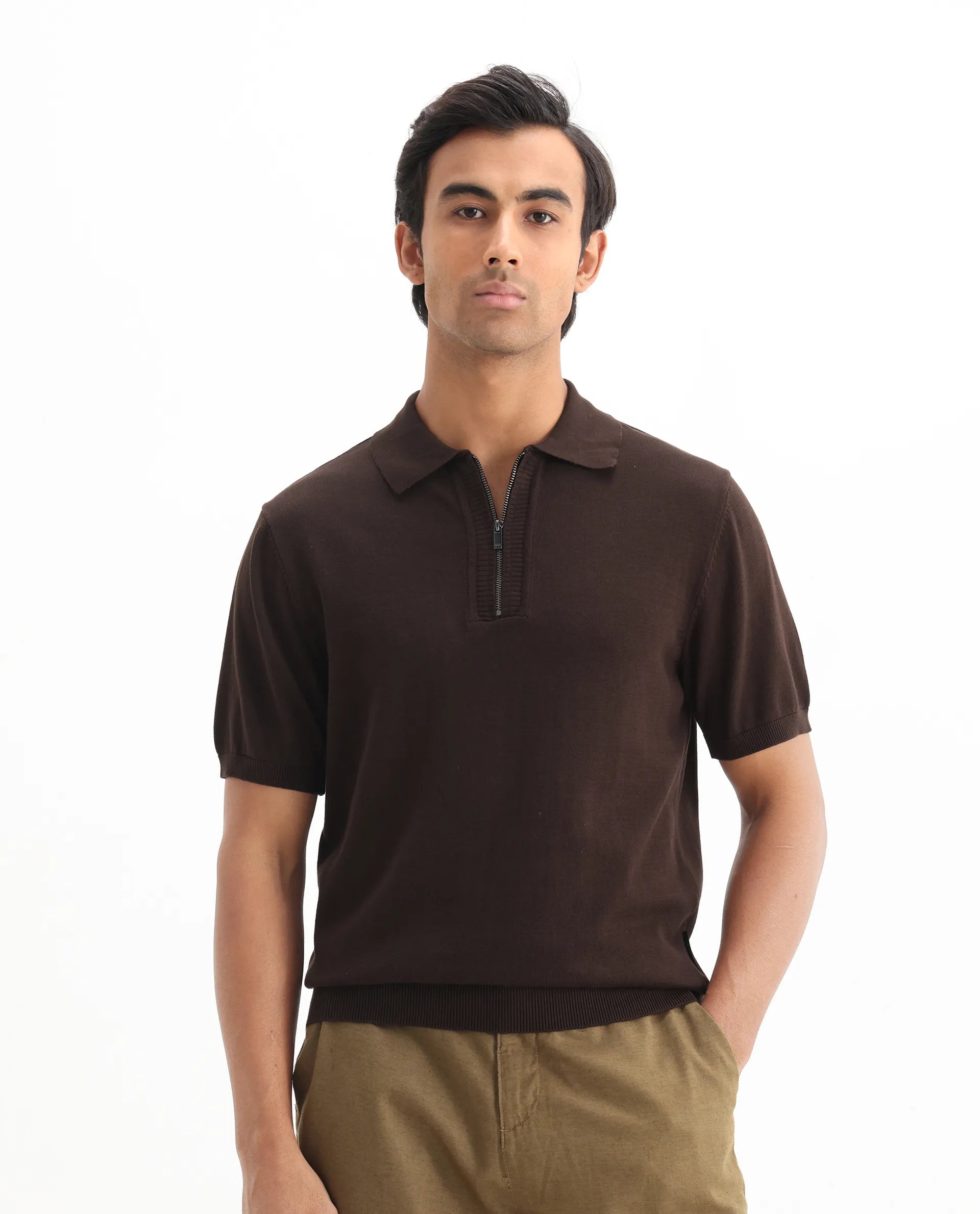 Rare Rabbit Men's Ryd Brown Cotton Plain Regular Fit Half Sleeve Polo