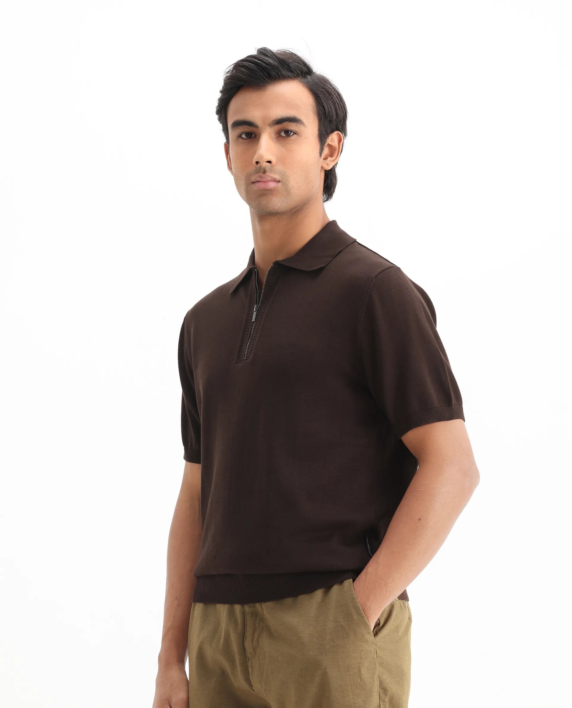 Rare Rabbit Men's Ryd Brown Cotton Plain Regular Fit Half Sleeve Polo