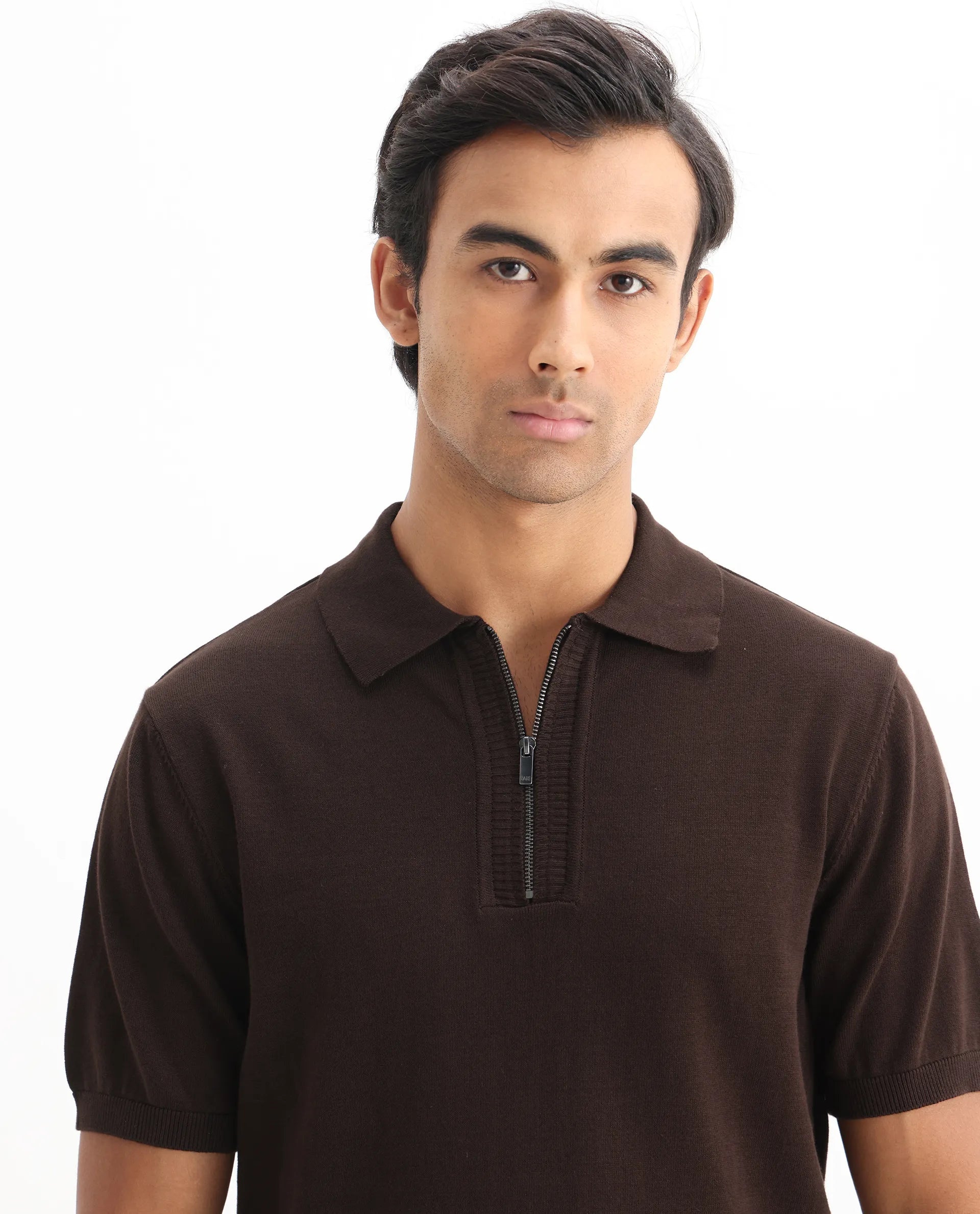 Rare Rabbit Men's Ryd Brown Cotton Plain Regular Fit Half Sleeve Polo