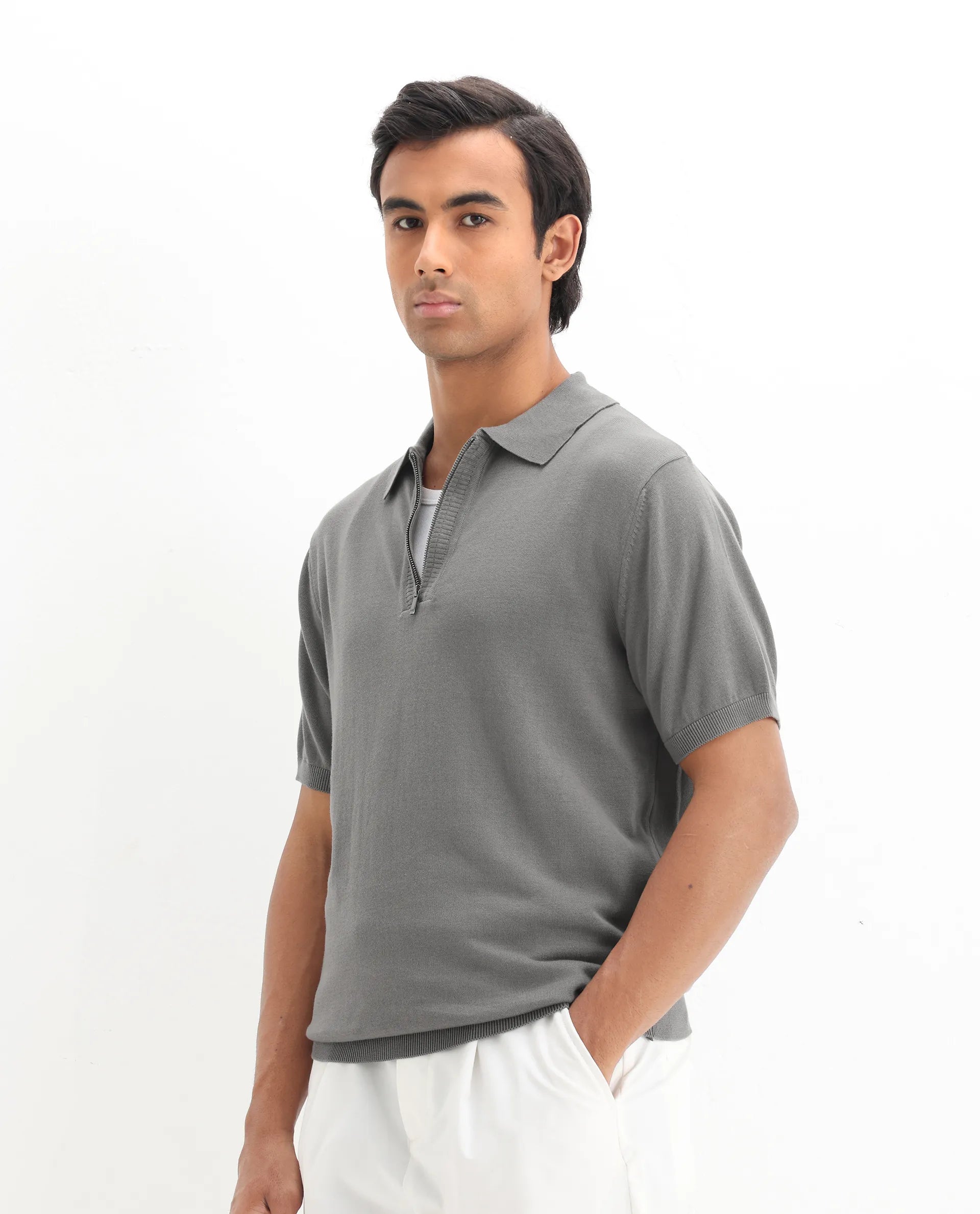 Rare Rabbit Men's Ryd Dark Grey Cotton Plain Regular Fit Half Sleeve Polo
