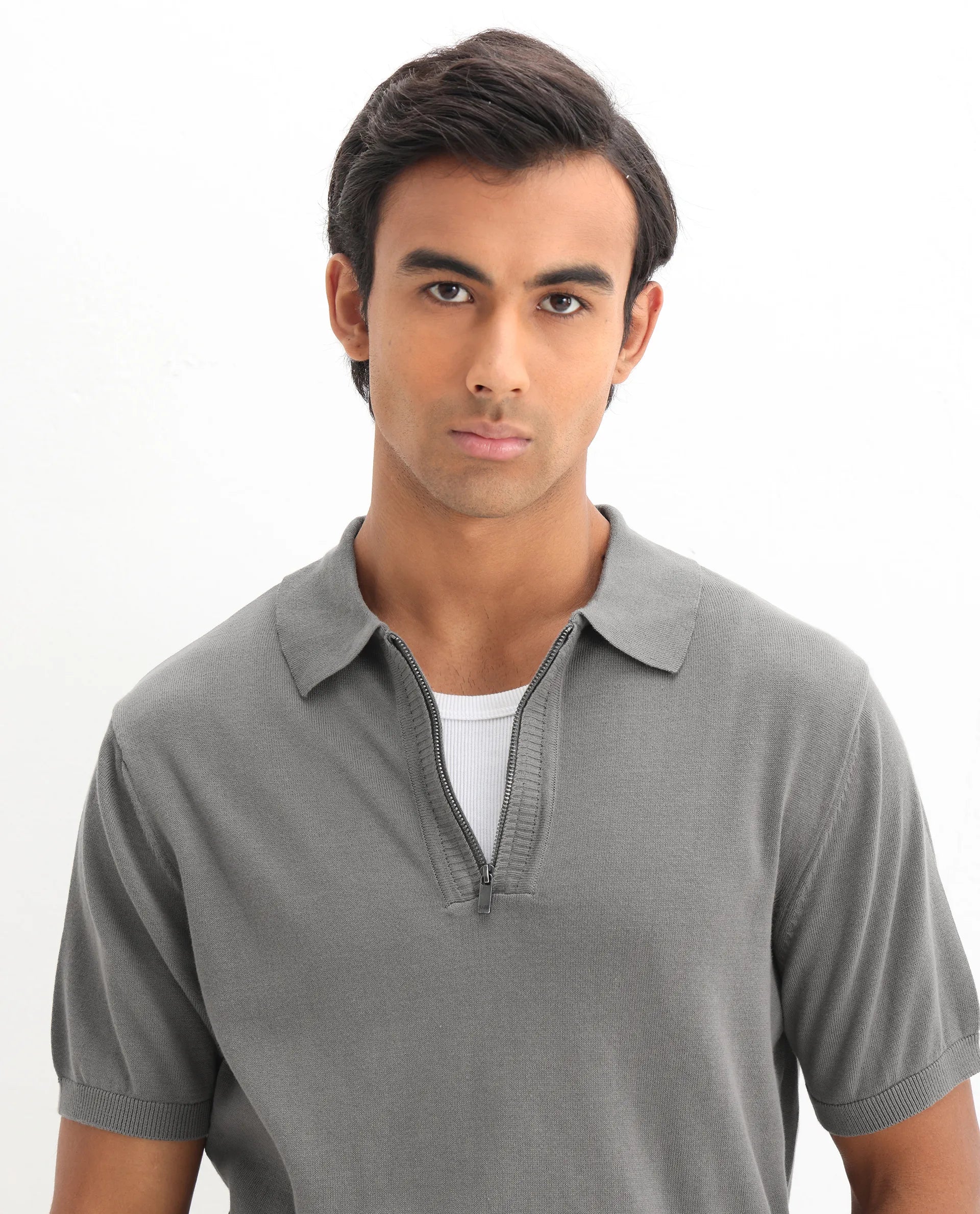 Rare Rabbit Men's Ryd Dark Grey Cotton Plain Regular Fit Half Sleeve Polo