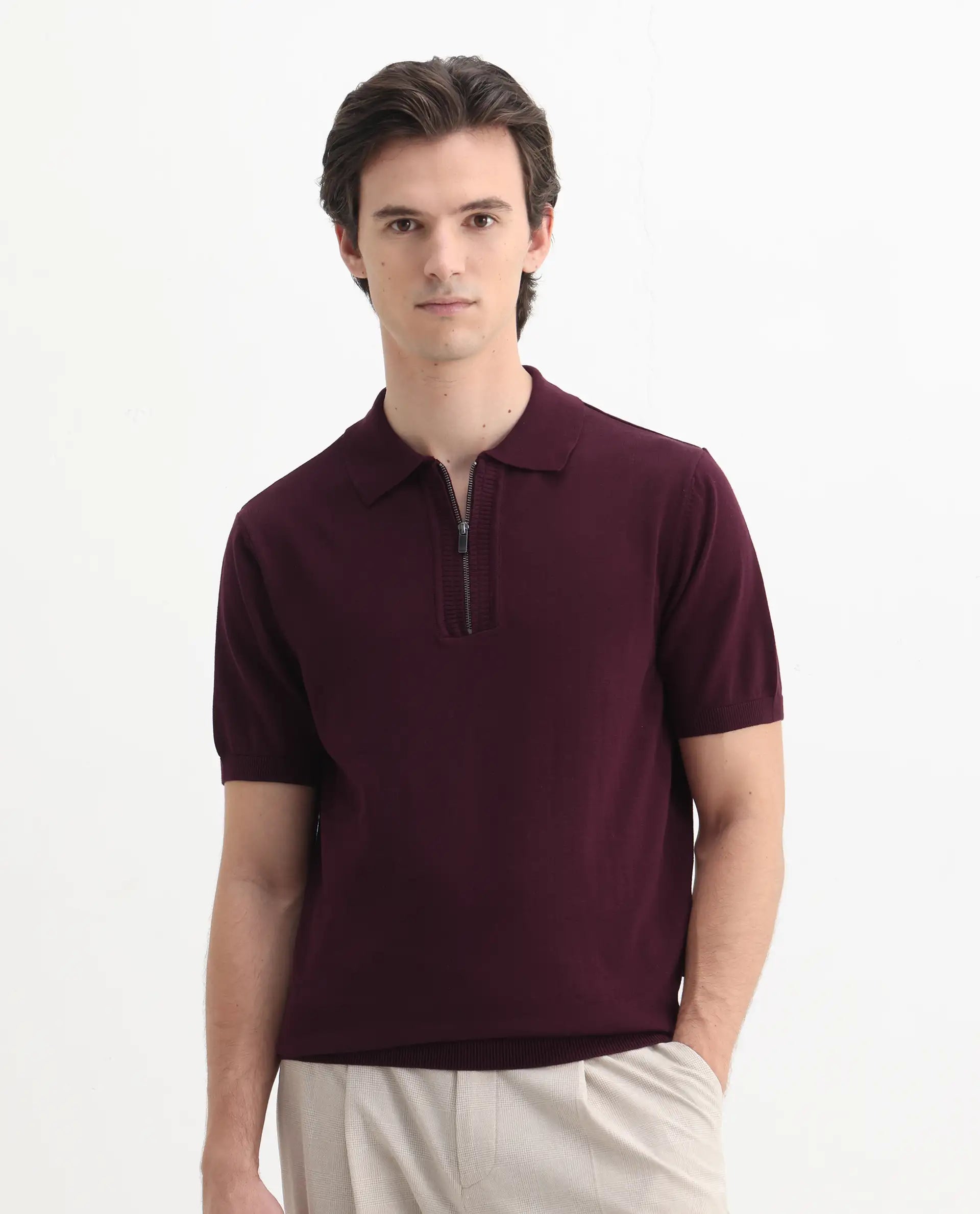 Rare Rabbit Men's Ryd Maroon Cotton Plain Regular Fit Half Sleeve Polo
