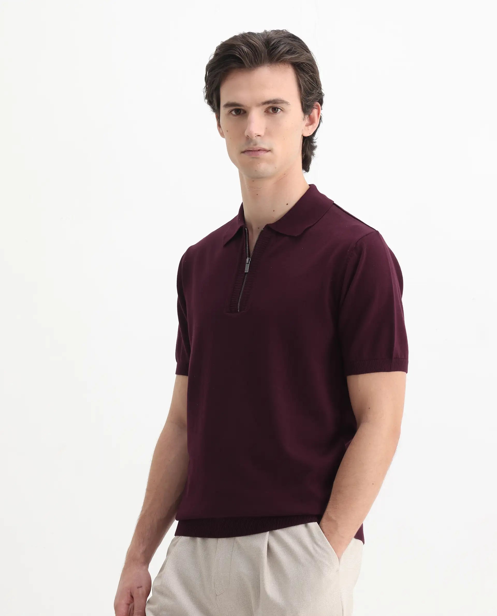 Rare Rabbit Men's Ryd Maroon Cotton Plain Regular Fit Half Sleeve Polo