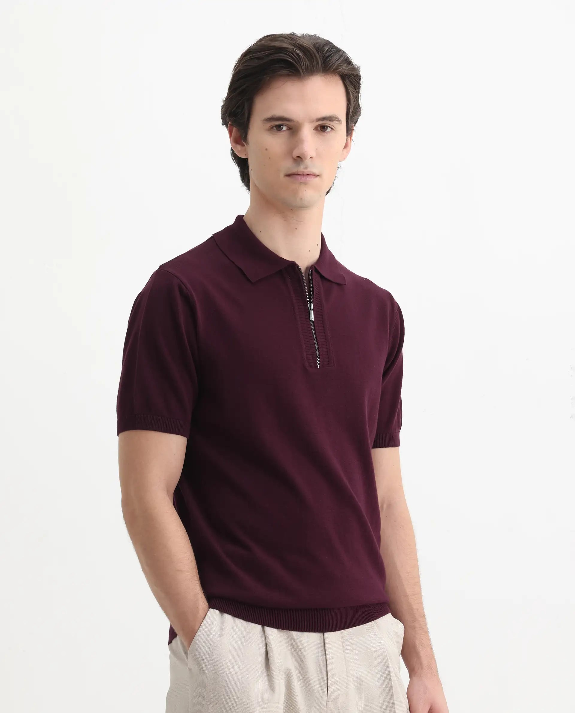 Rare Rabbit Men's Ryd Maroon Cotton Plain Regular Fit Half Sleeve Polo