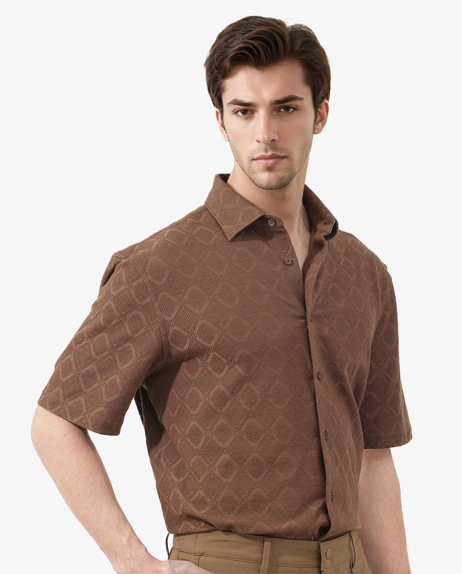 Rare Rabbit Mens Ryker Brown Cotton Polyester Fabric Blend Short Sleeve Boxy Fit Jacquard Shirt