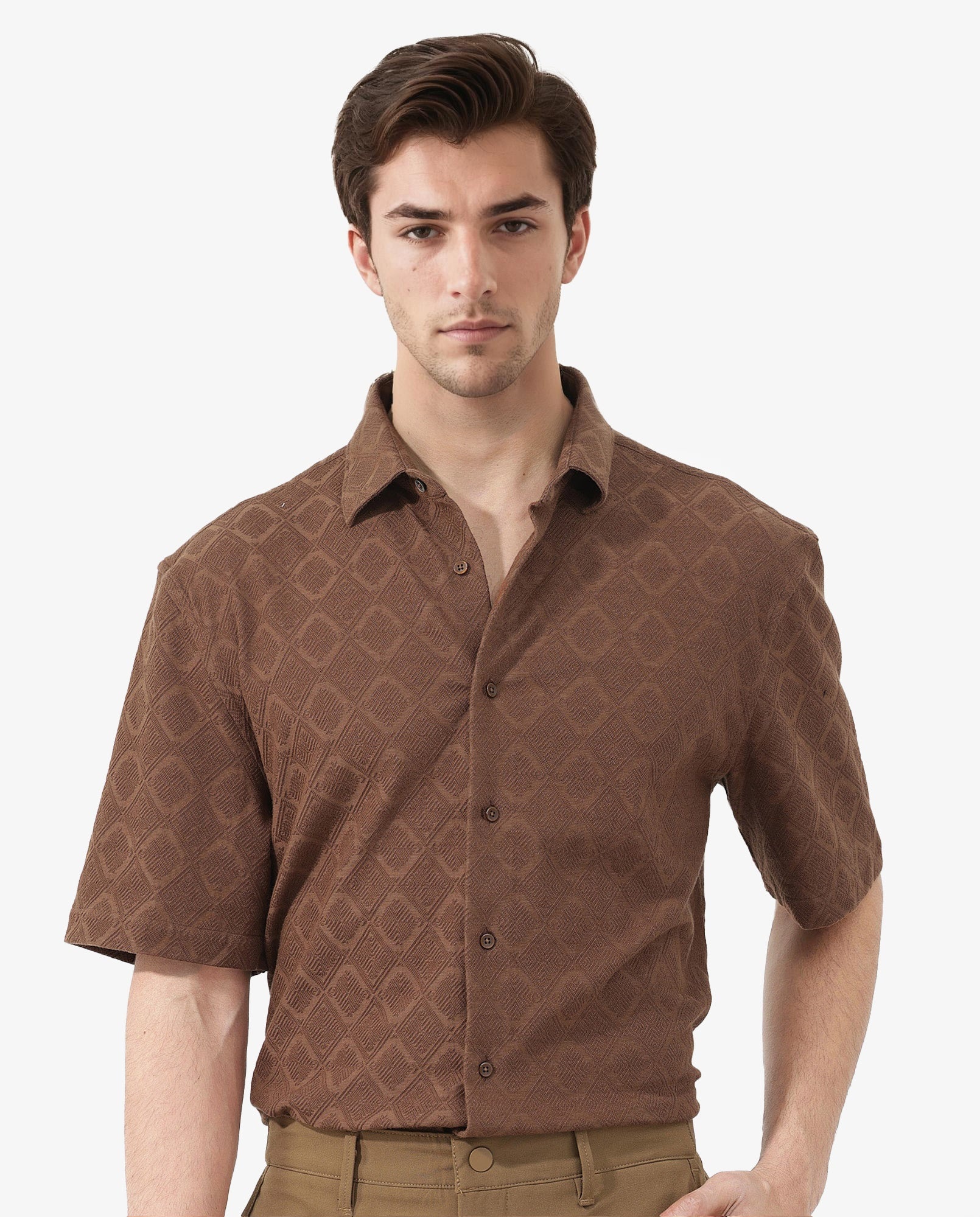 Rare Rabbit Mens Ryker Brown Cotton Polyester Fabric Blend Short Sleeve Boxy Fit Jacquard Shirt