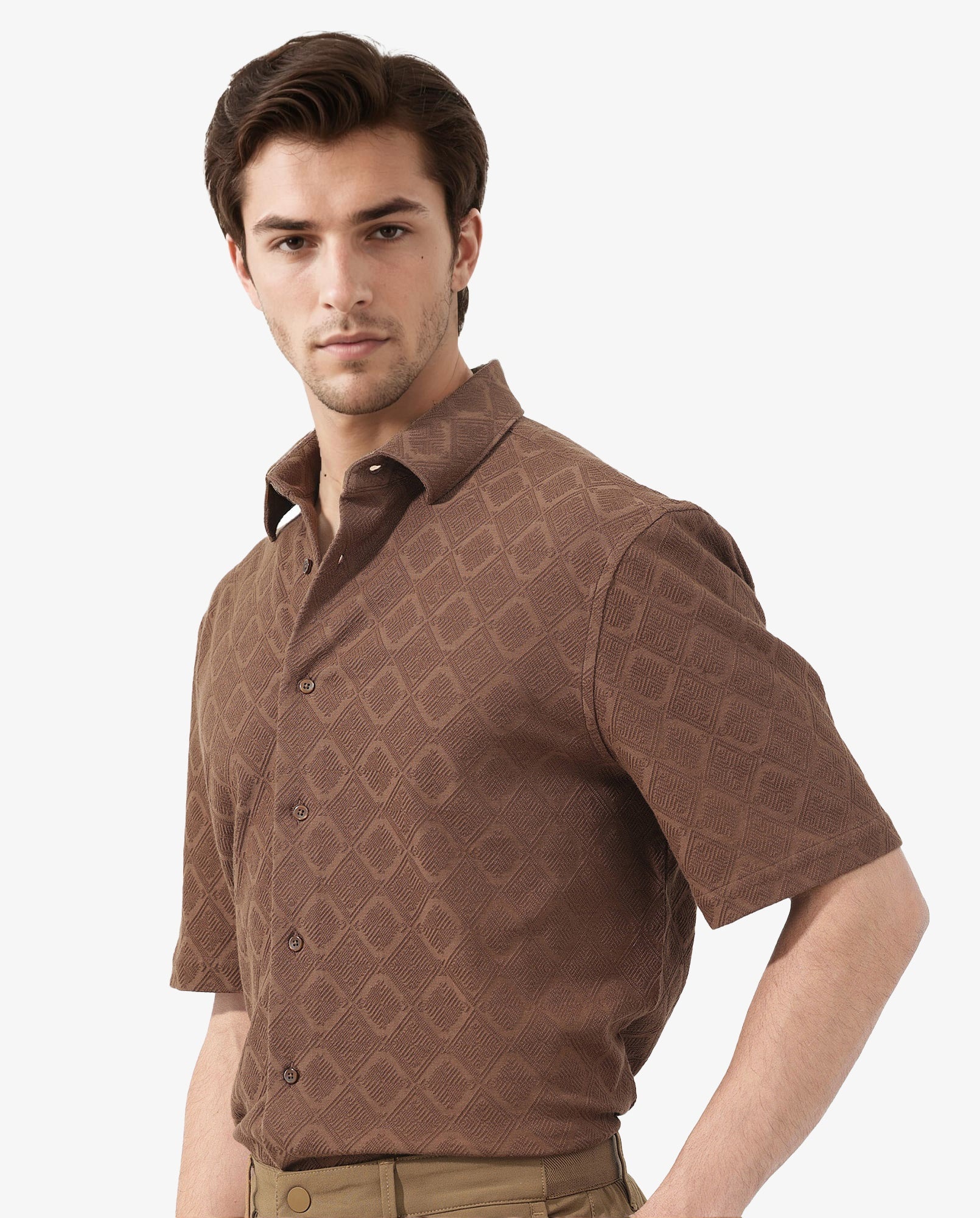 Rare Rabbit Mens Ryker Brown Cotton Polyester Fabric Blend Short Sleeve Boxy Fit Jacquard Shirt