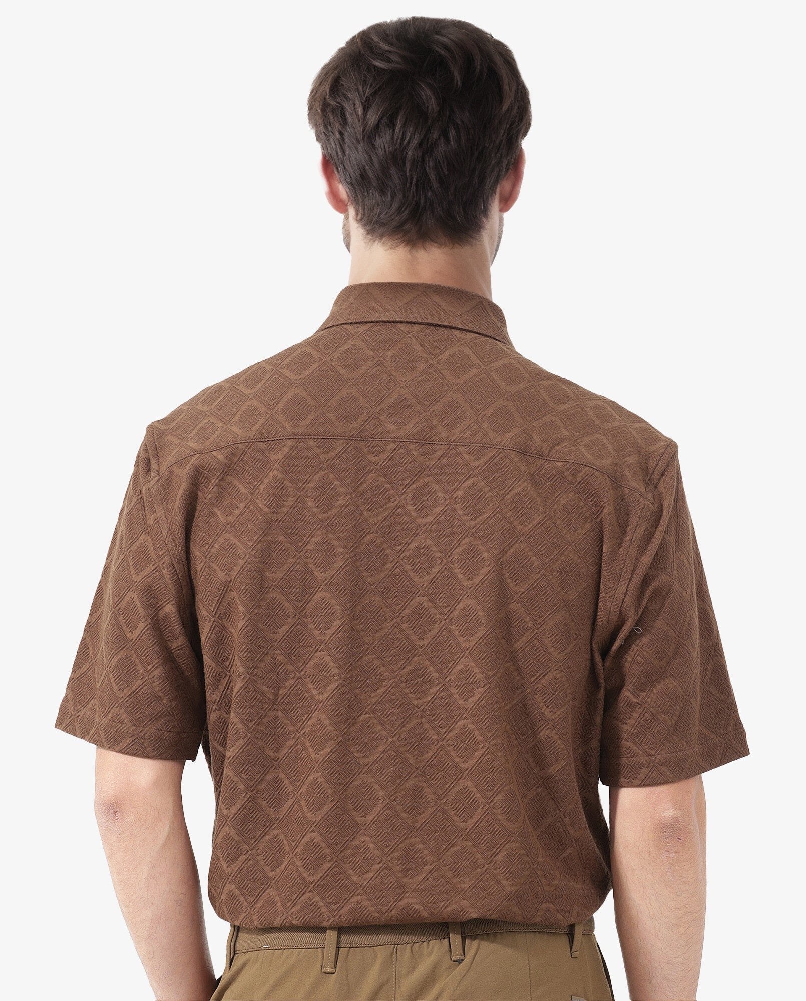 Rare Rabbit Mens Ryker Brown Cotton Polyester Fabric Blend Short Sleeve Boxy Fit Jacquard Shirt
