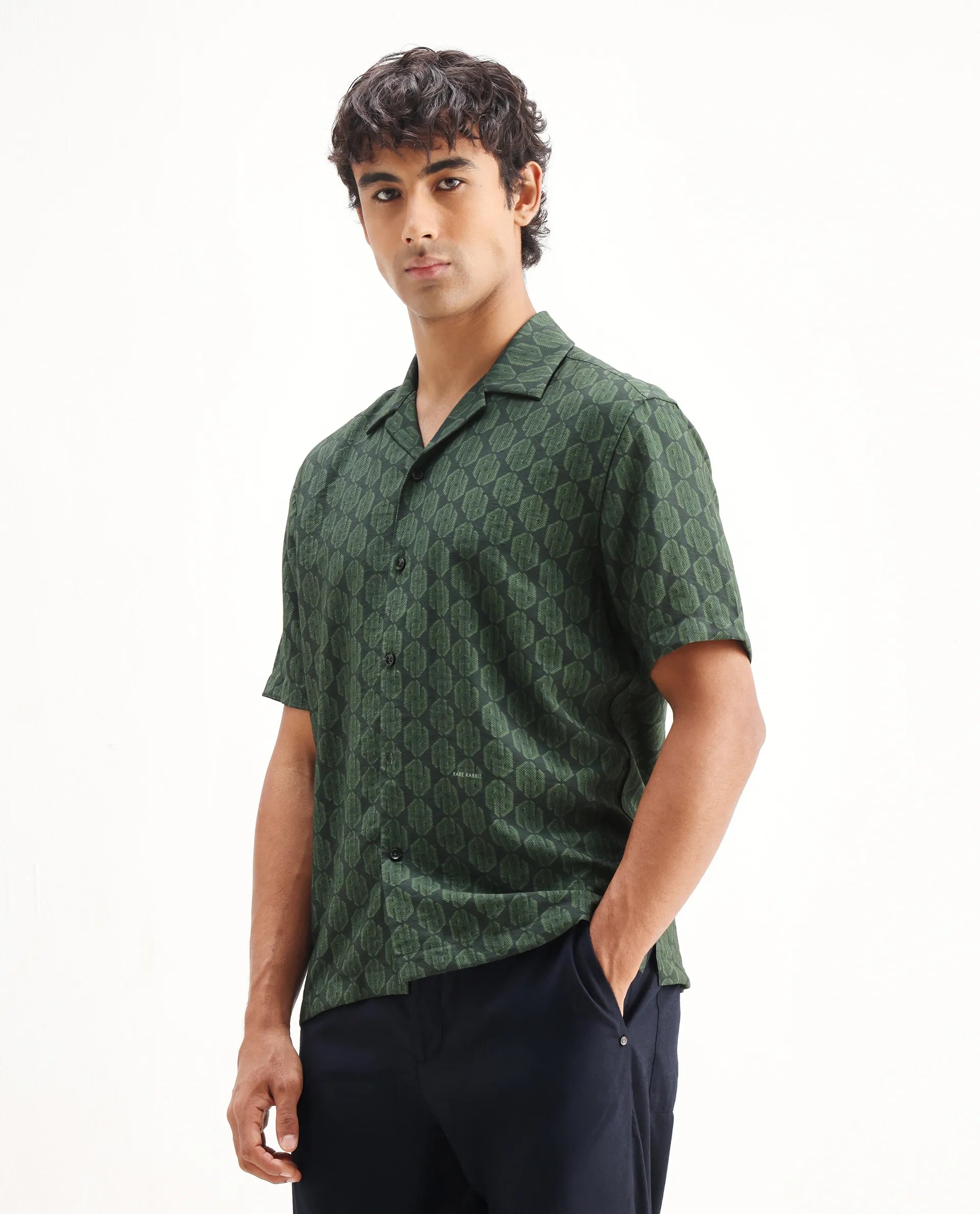 Rare Rabbit Men's Rynox Green Viscose Blend Monogram Print Relaxed Fit Half Sleeve Cuban Collar Shirt