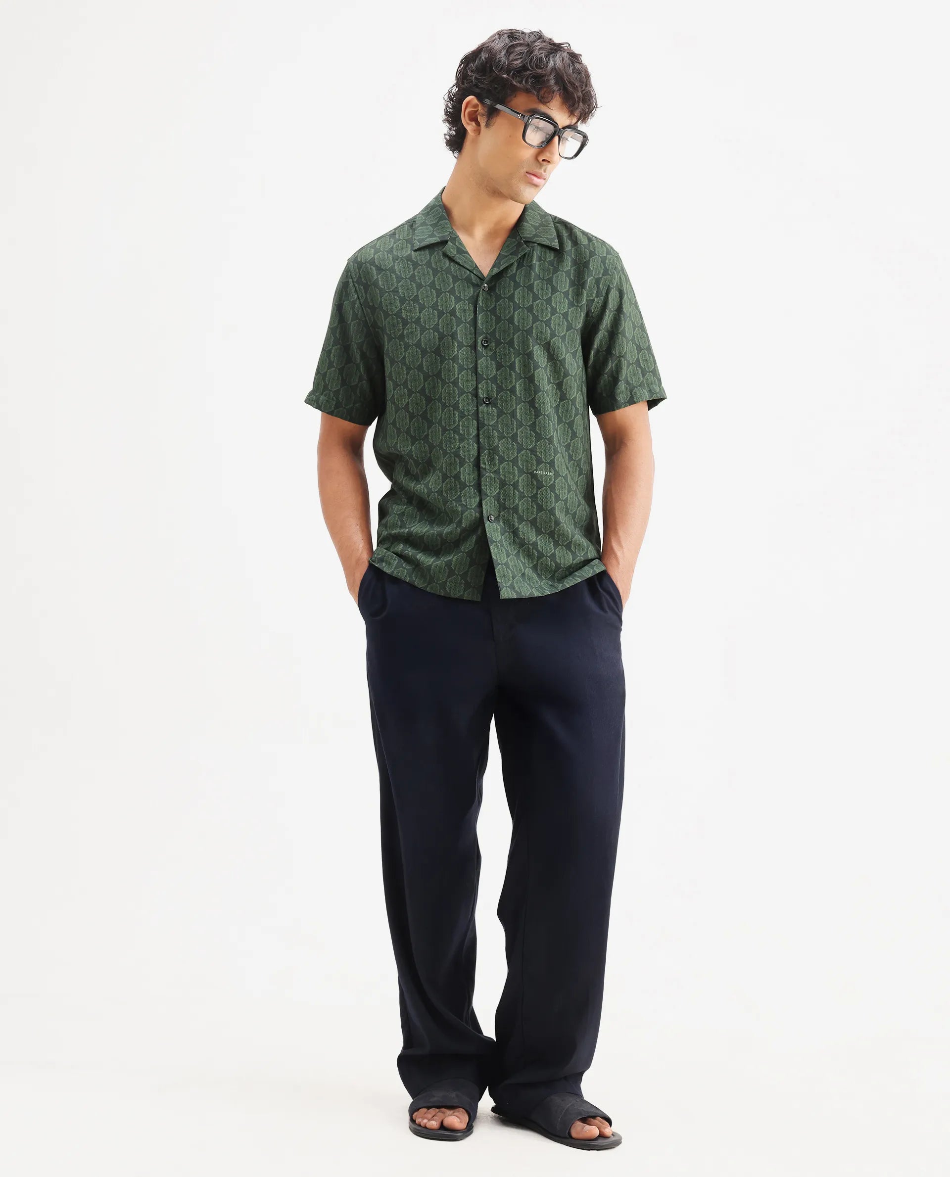 Rare Rabbit Men's Rynox Green Viscose Blend Monogram Print Relaxed Fit Half Sleeve Cuban Collar Shirt