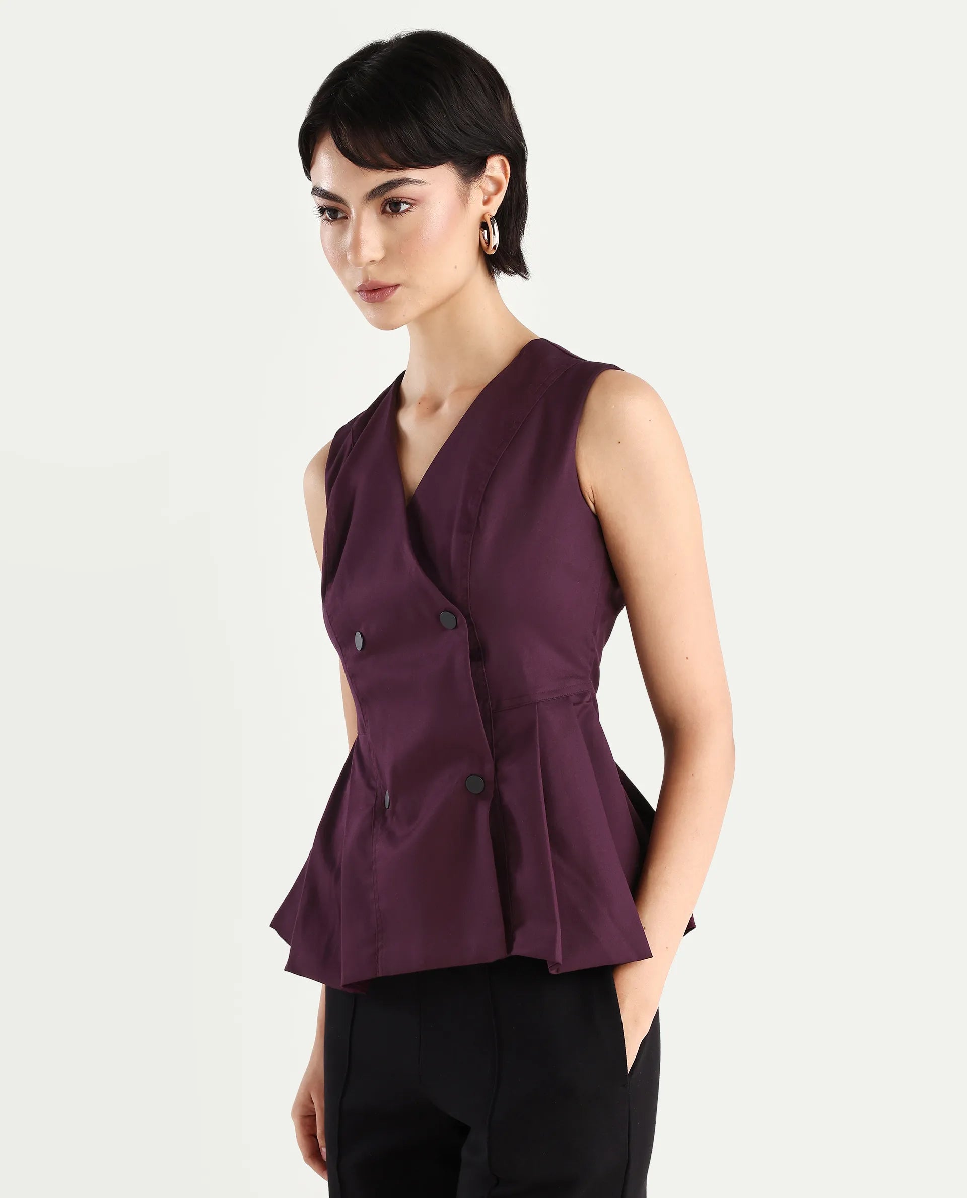 Rareism Women's Rysa Purple Polyester V-Neck Plain Sleeveless Regular Fit And Flare Top