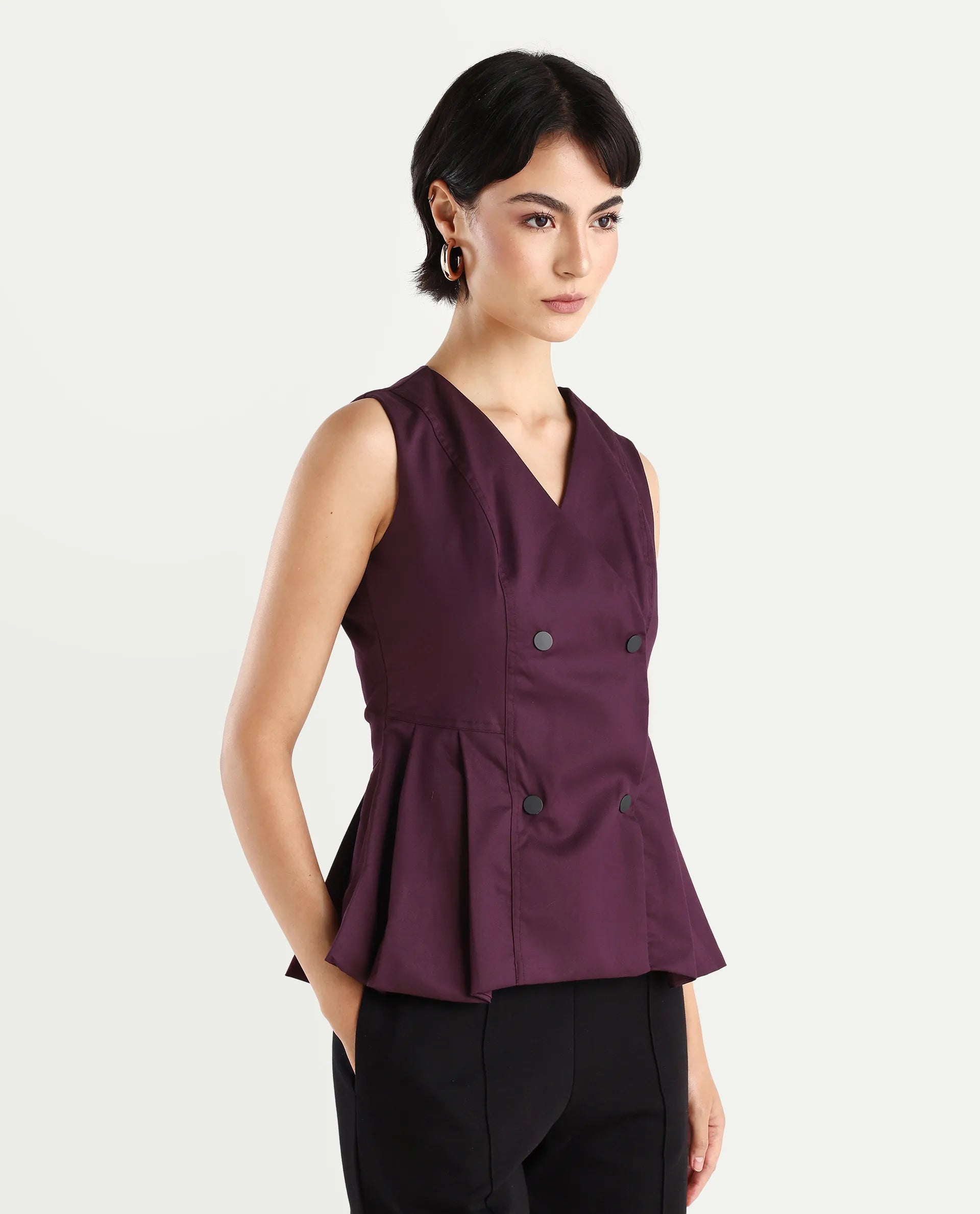 Rareism Women's Rysa Purple Polyester V-Neck Plain Sleeveless Regular Fit And Flare Top