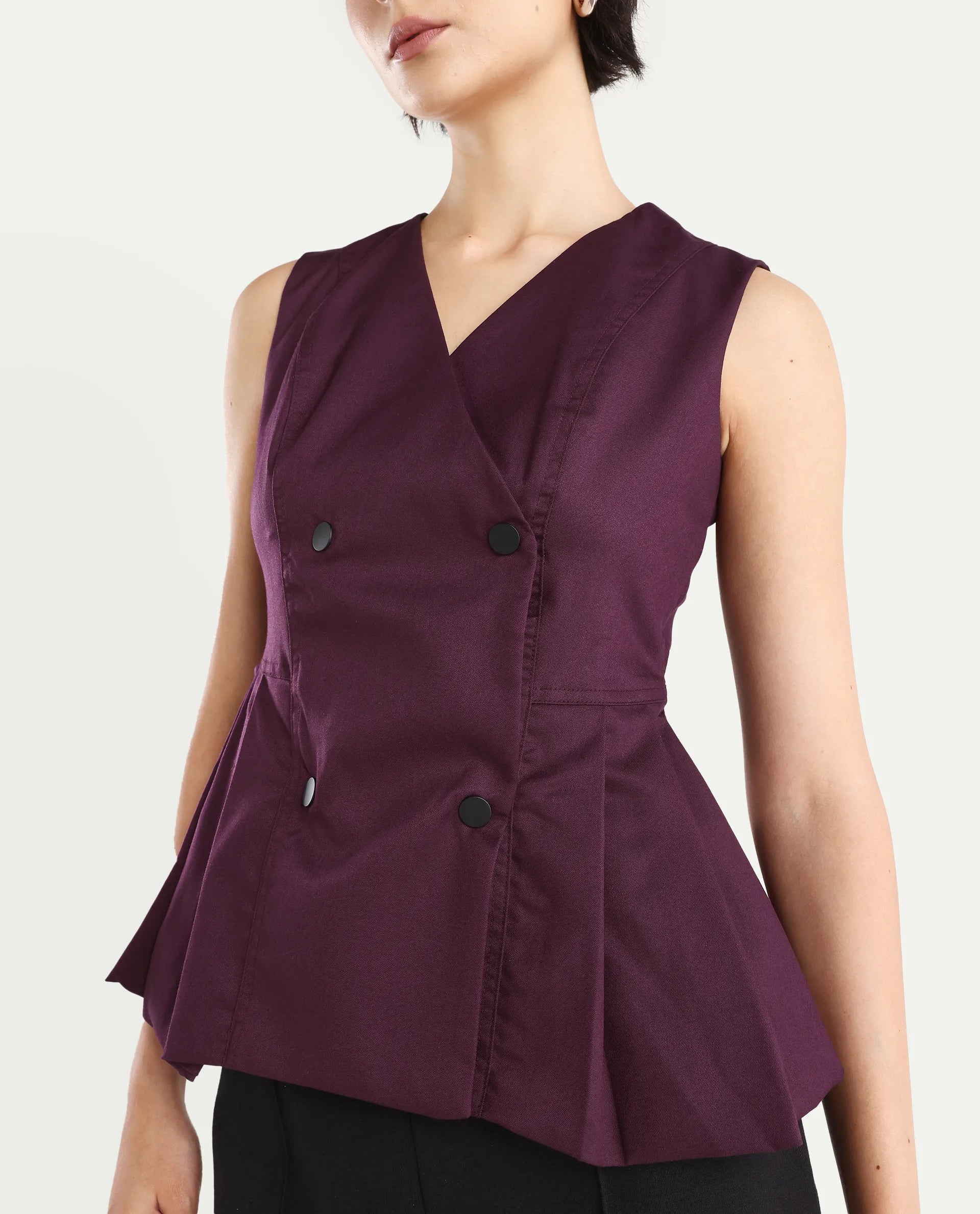 Rareism Women's Rysa Purple Polyester V-Neck Plain Sleeveless Regular Fit And Flare Top