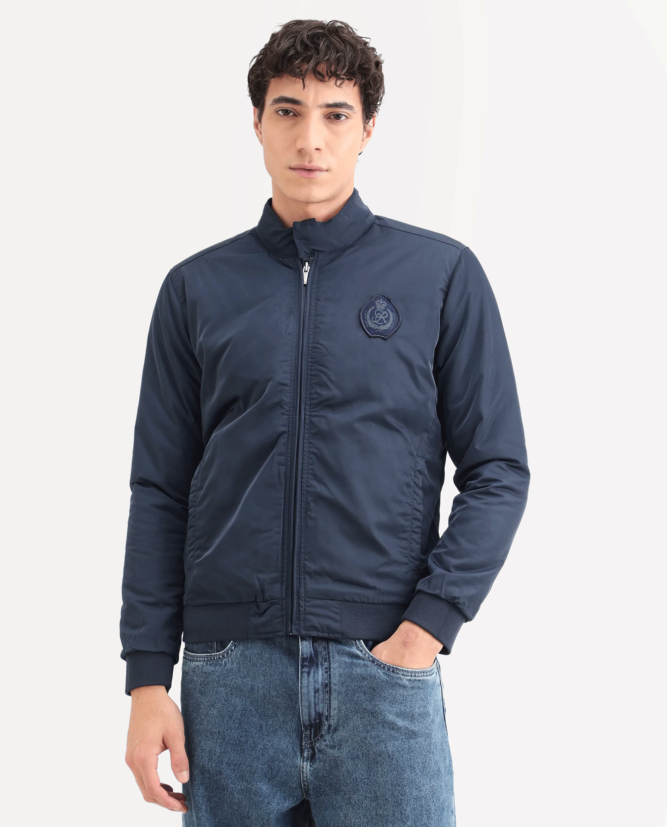 Rare Rabbit Men's Royban Navy Polyester Plain Regular Fit Full Sleeve Mandarin Collar Jacket