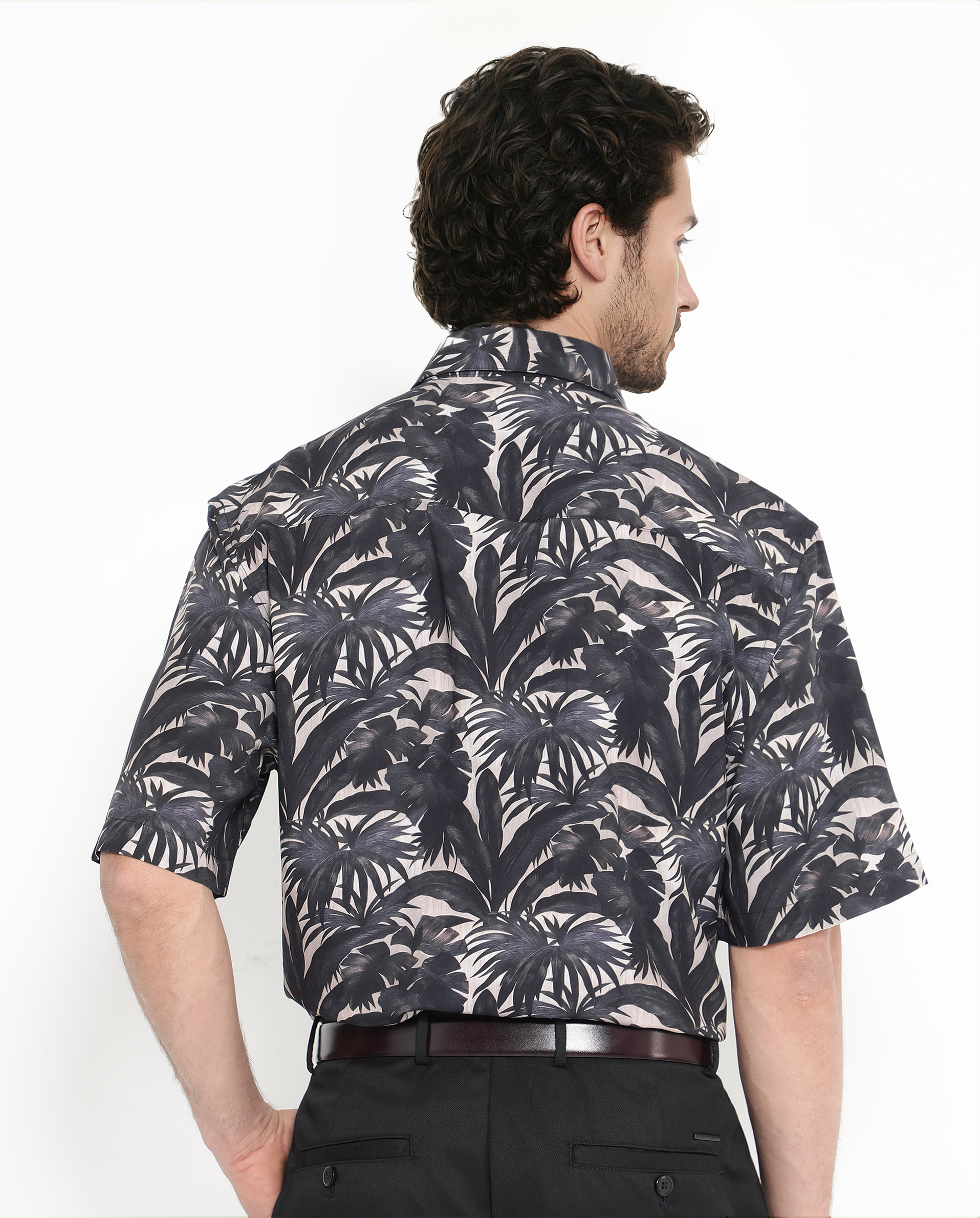 Rare Rabbit Men's Sabel Black Viscose Fabric Short Sleeves Boxy Fit Tropical Print Shirt