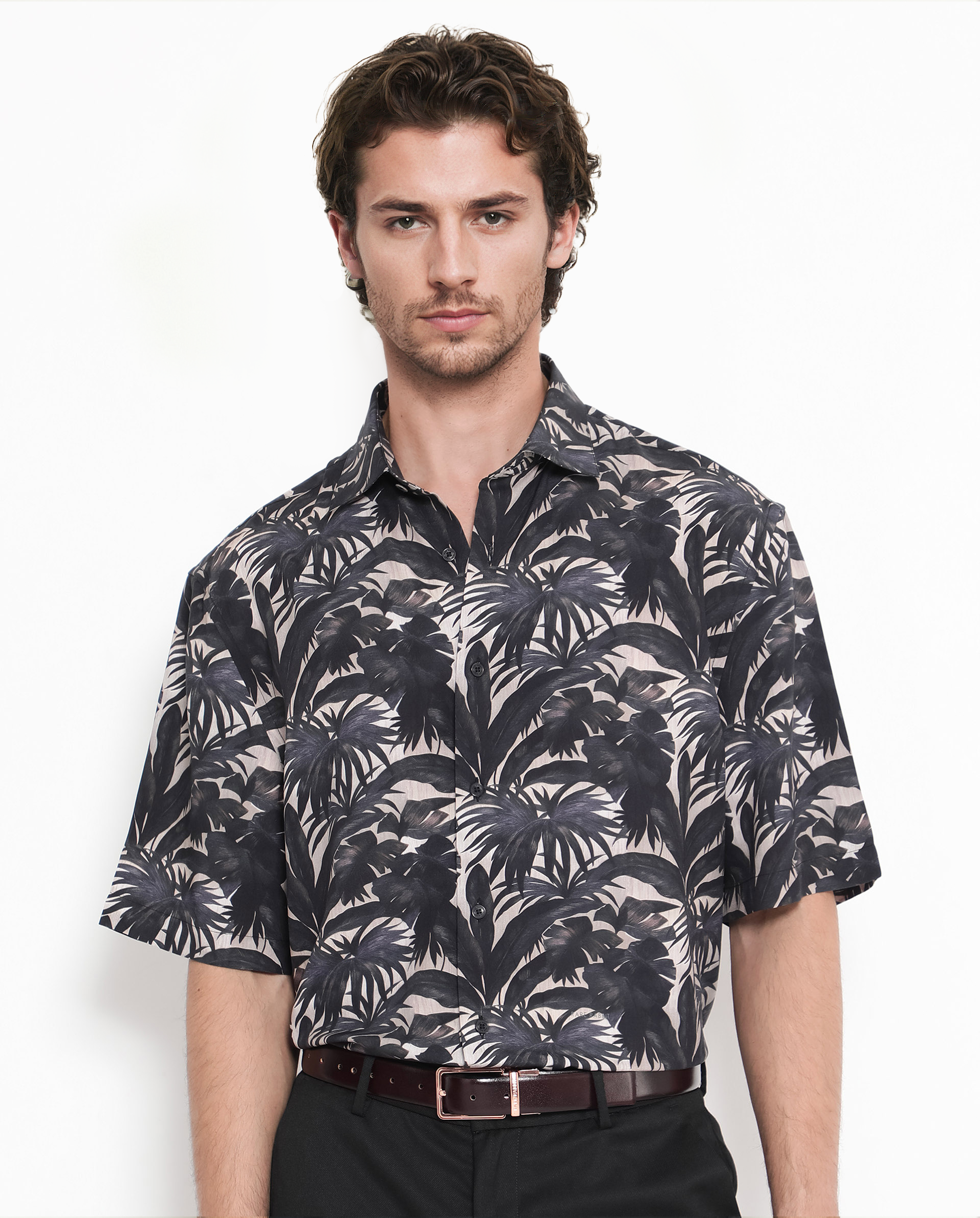 Rare Rabbit Men's Sabel Black Viscose Fabric Short Sleeves Boxy Fit Tropical Print Shirt