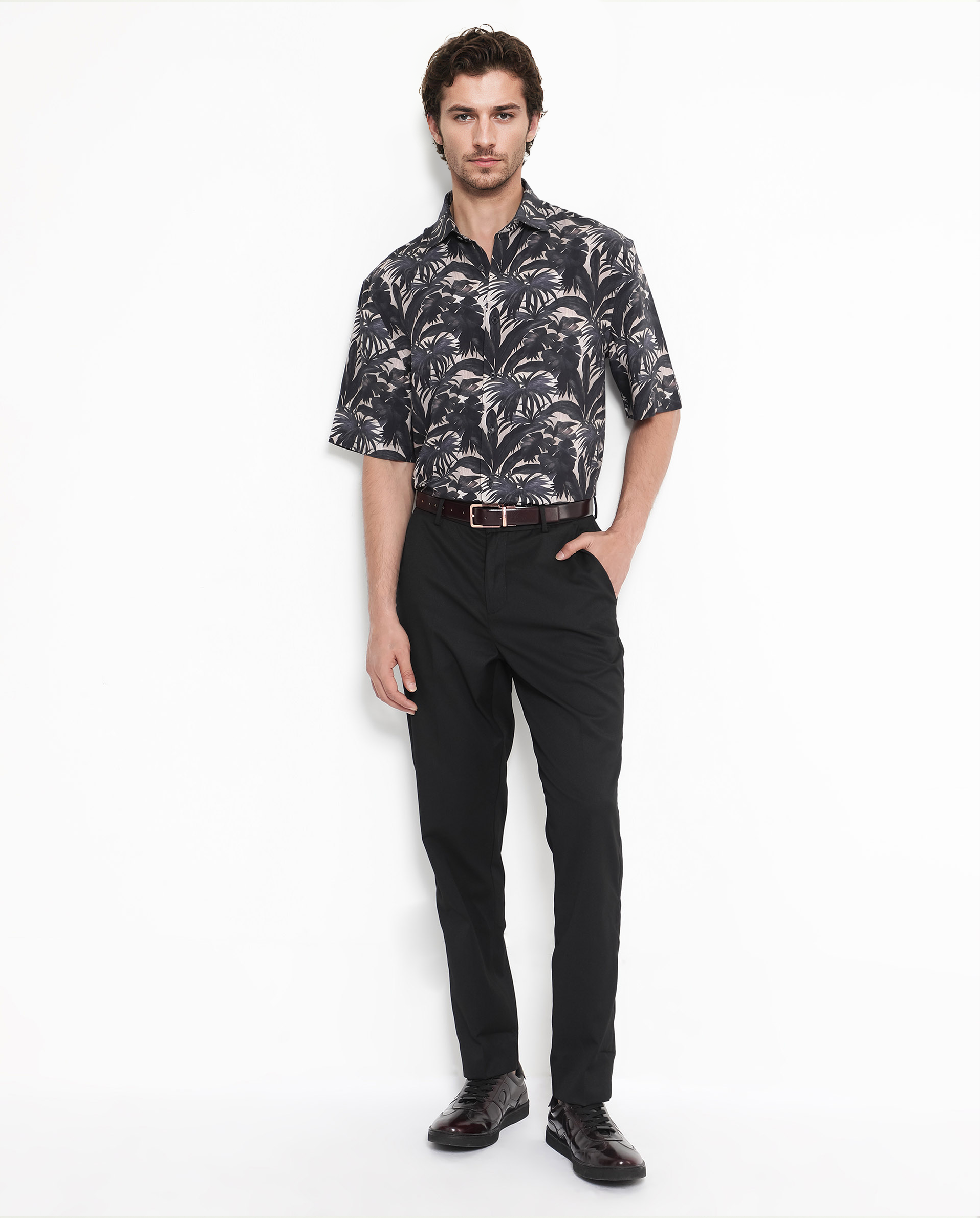 Rare Rabbit Men's Sabel Black Viscose Fabric Short Sleeves Boxy Fit Tropical Print Shirt