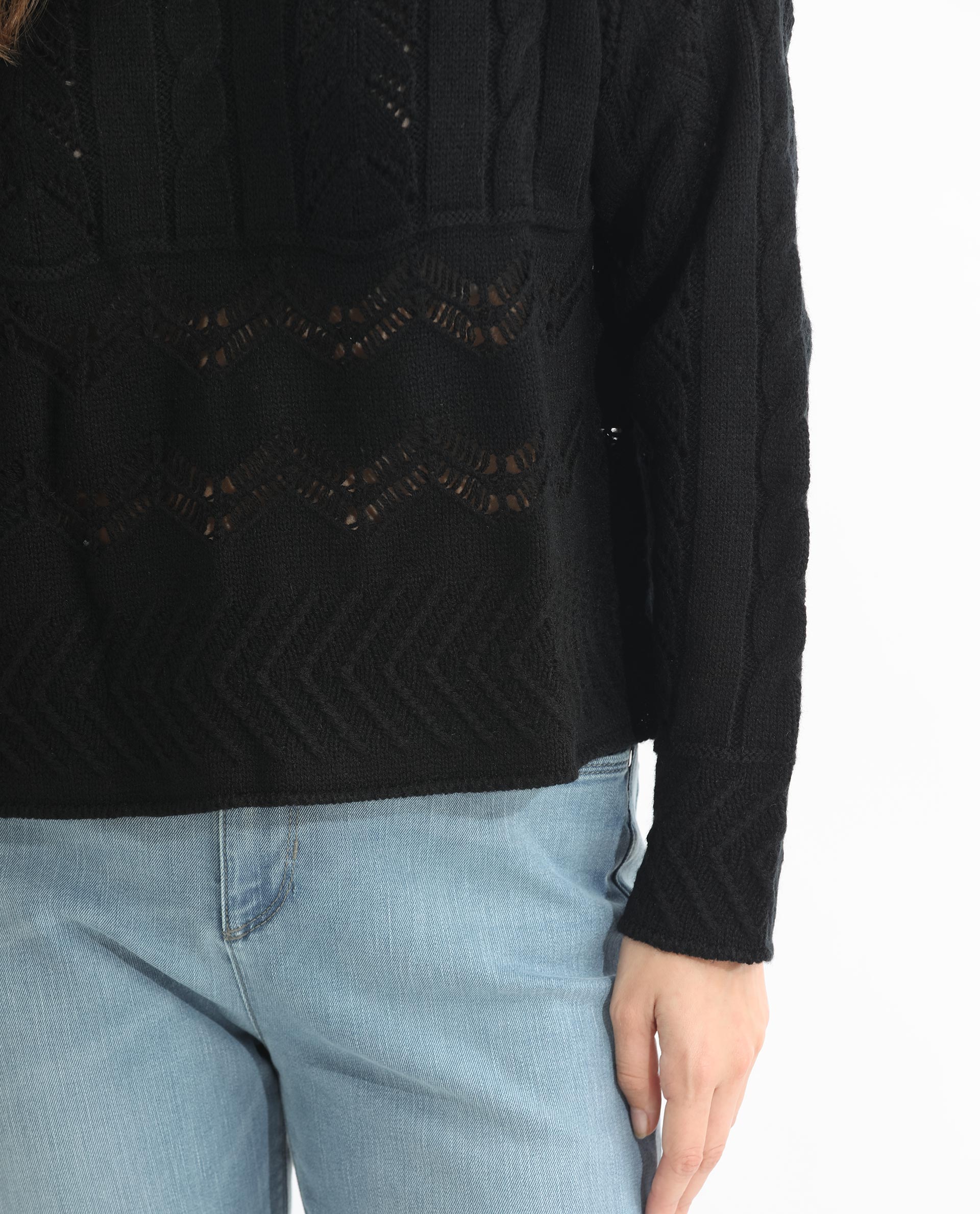 Rareism Women Saben Black Acrylic Fabric Full Sleeves Ribbed Collar Relaxed Fit Plain Sweater