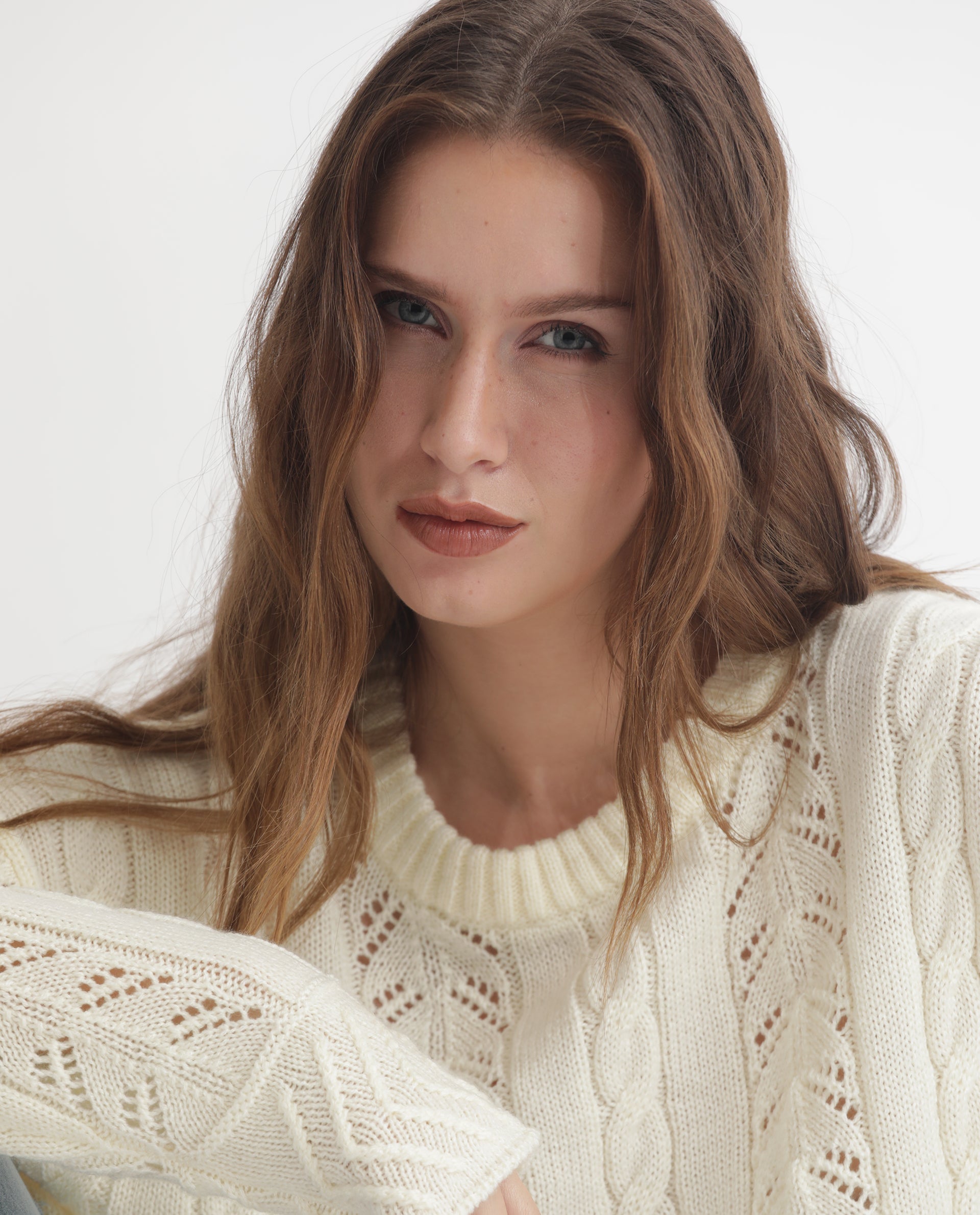 Rareism Women Saben Beige Acrylic Fabric Full Sleeves Relaxed Fit Solid Round Neck Sweater