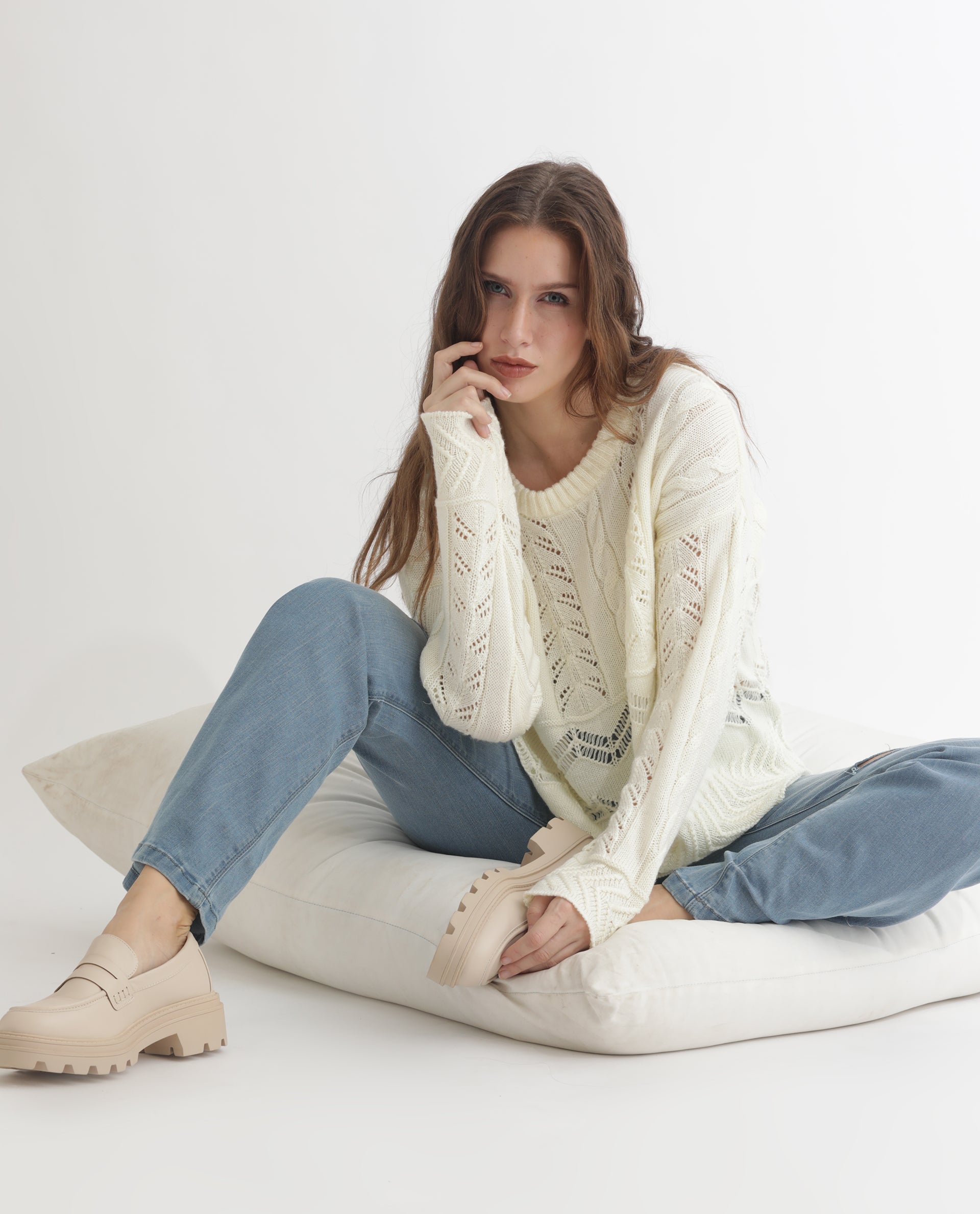 Rareism Women Saben Beige Acrylic Fabric Full Sleeves Relaxed Fit Solid Round Neck Sweater