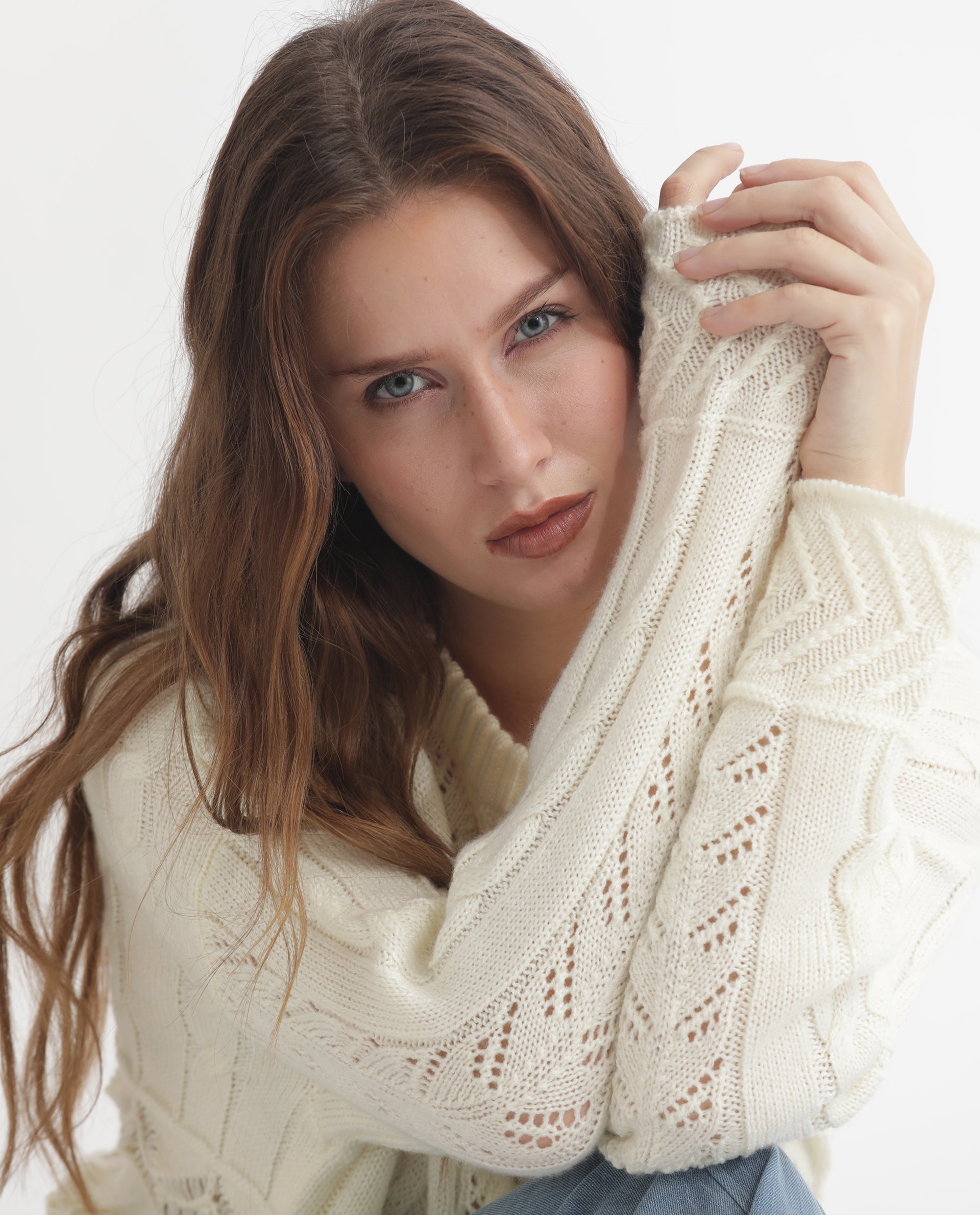 Rareism Women Saben Beige Acrylic Fabric Full Sleeves Relaxed Fit Solid Round Neck Sweater