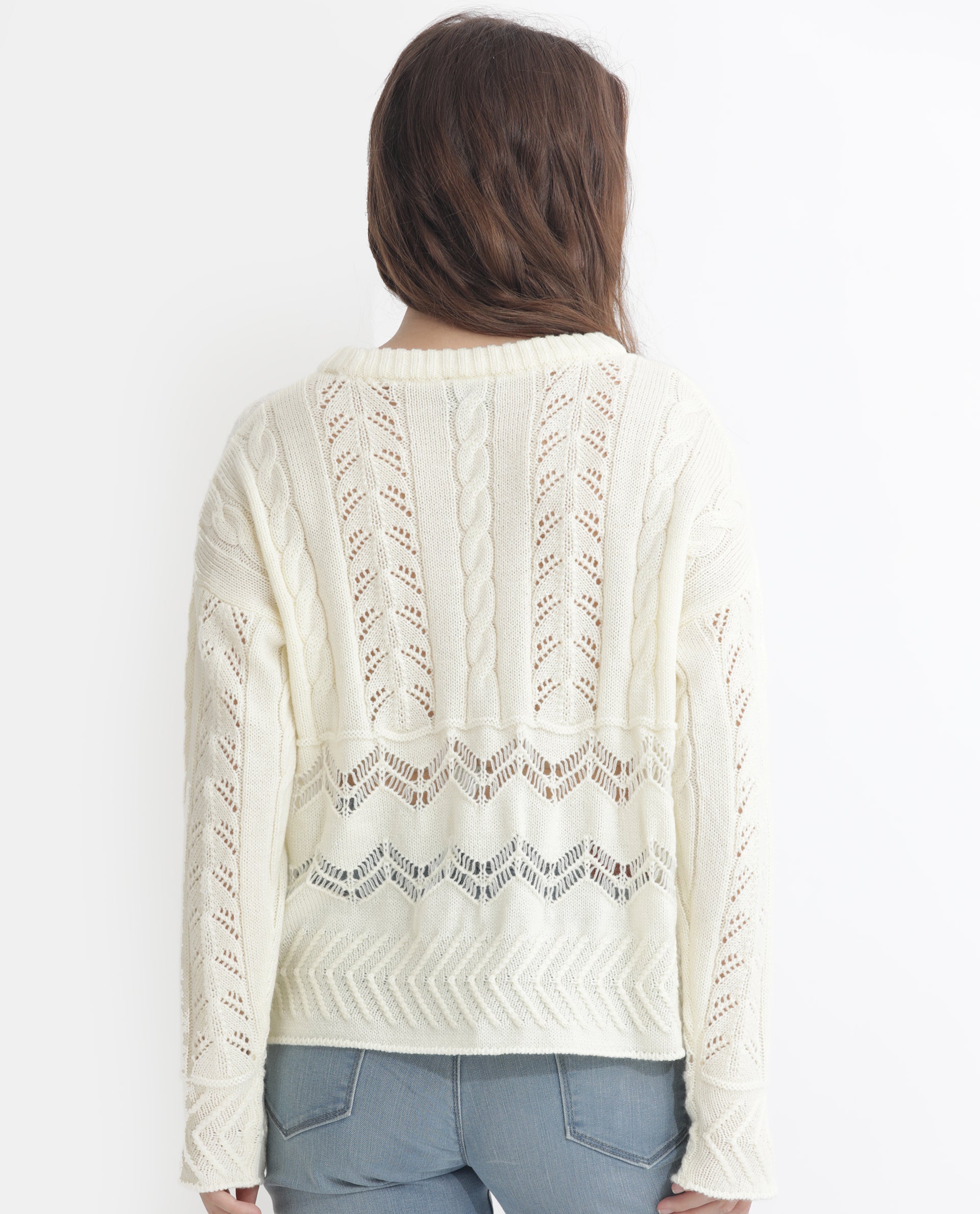 Rareism Women Saben Beige Acrylic Fabric Full Sleeves Relaxed Fit Solid Round Neck Sweater