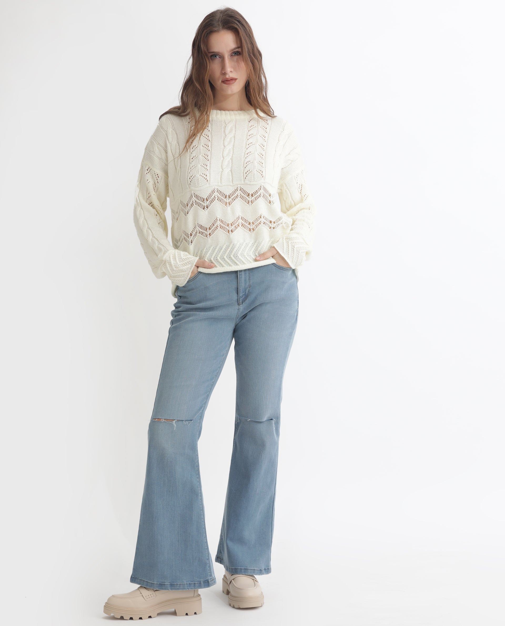 Rareism Women Saben Beige Acrylic Fabric Full Sleeves Relaxed Fit Solid Round Neck Sweater