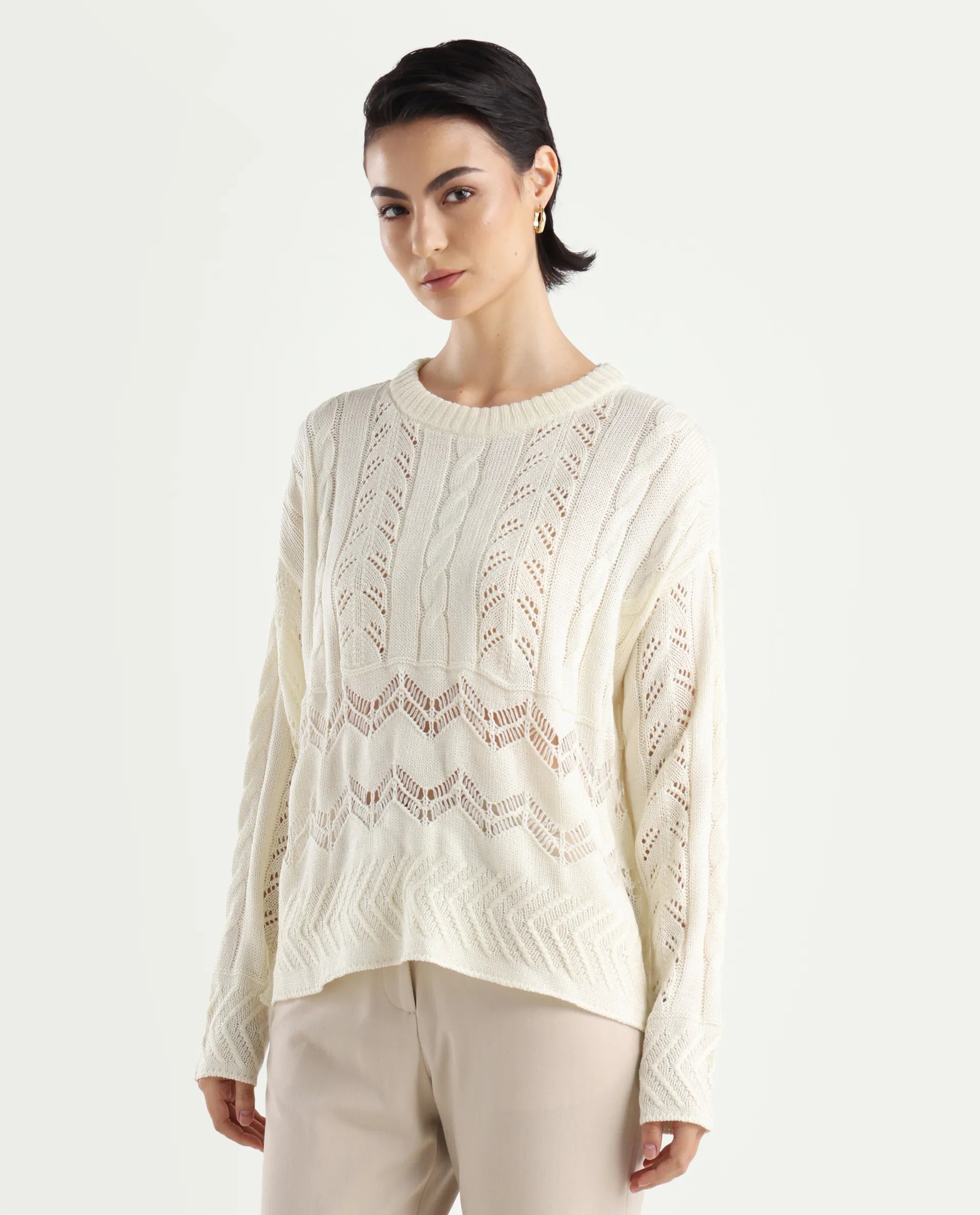 Rareism Women's Saben Beige Acrylic Ribbed Collar Plain Boxy Fit Sweater