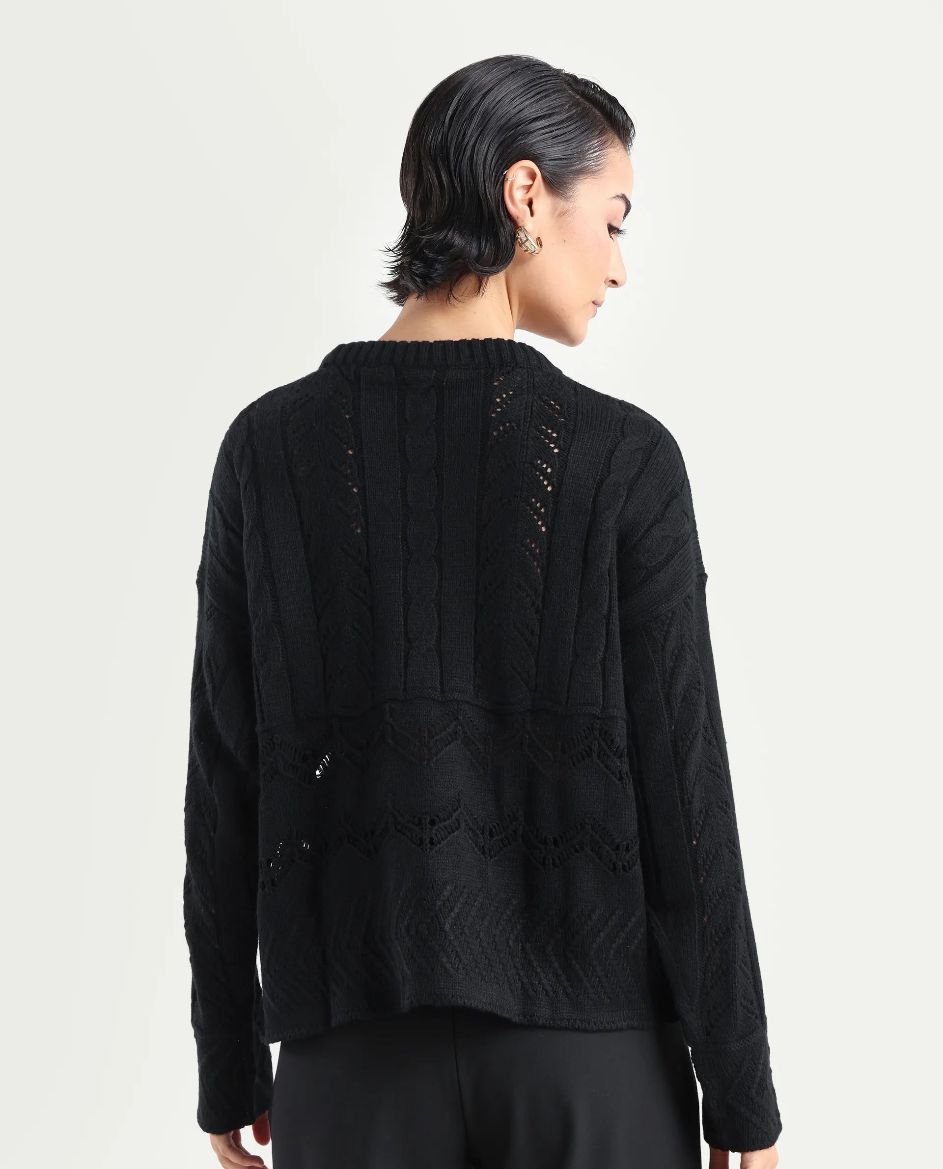 Rareism Women's Saben Black Acrylic Ribbed Collar Plain Boxy Fit Sweater