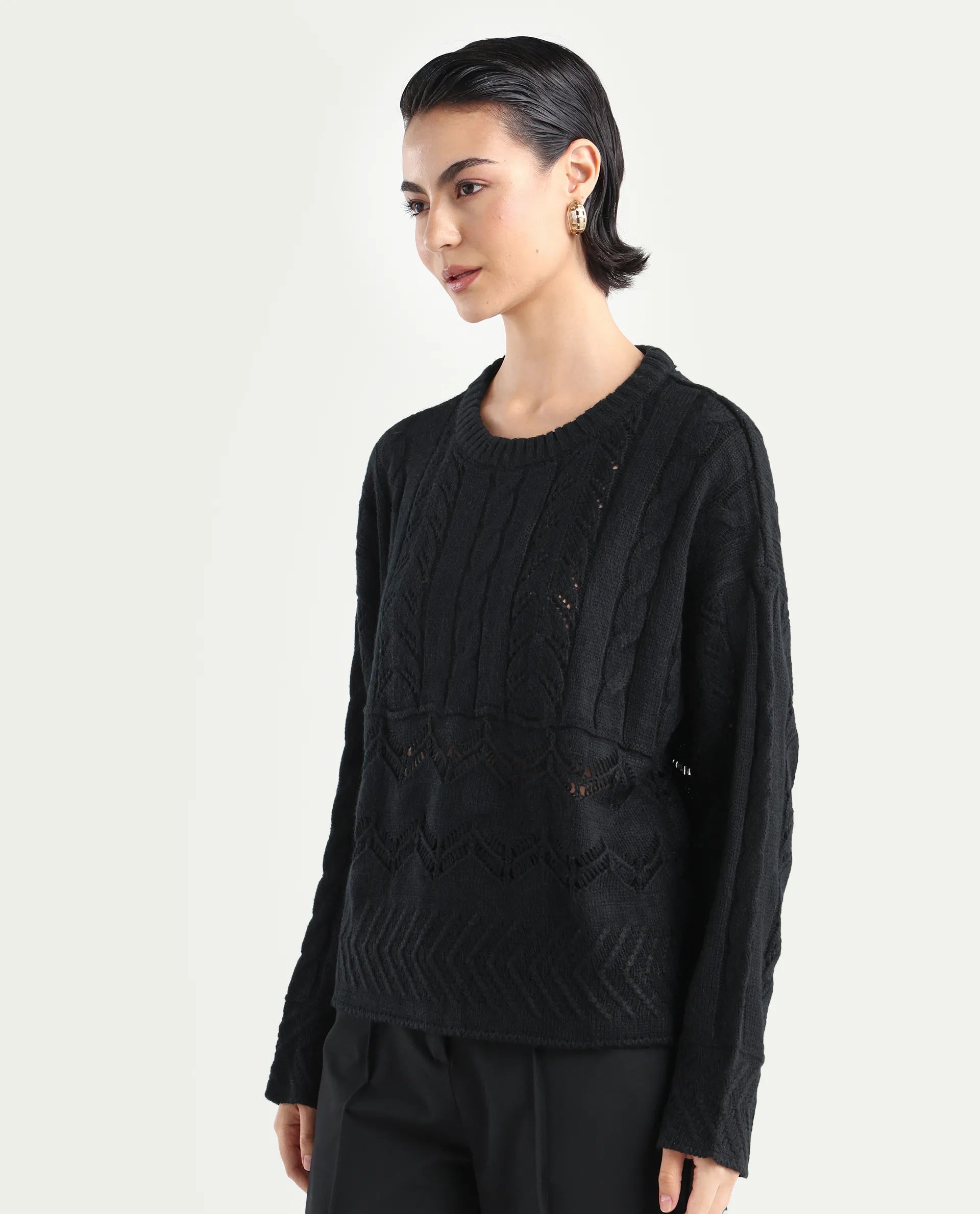 Rareism Women's Saben Black Acrylic Ribbed Collar Plain Boxy Fit Sweater