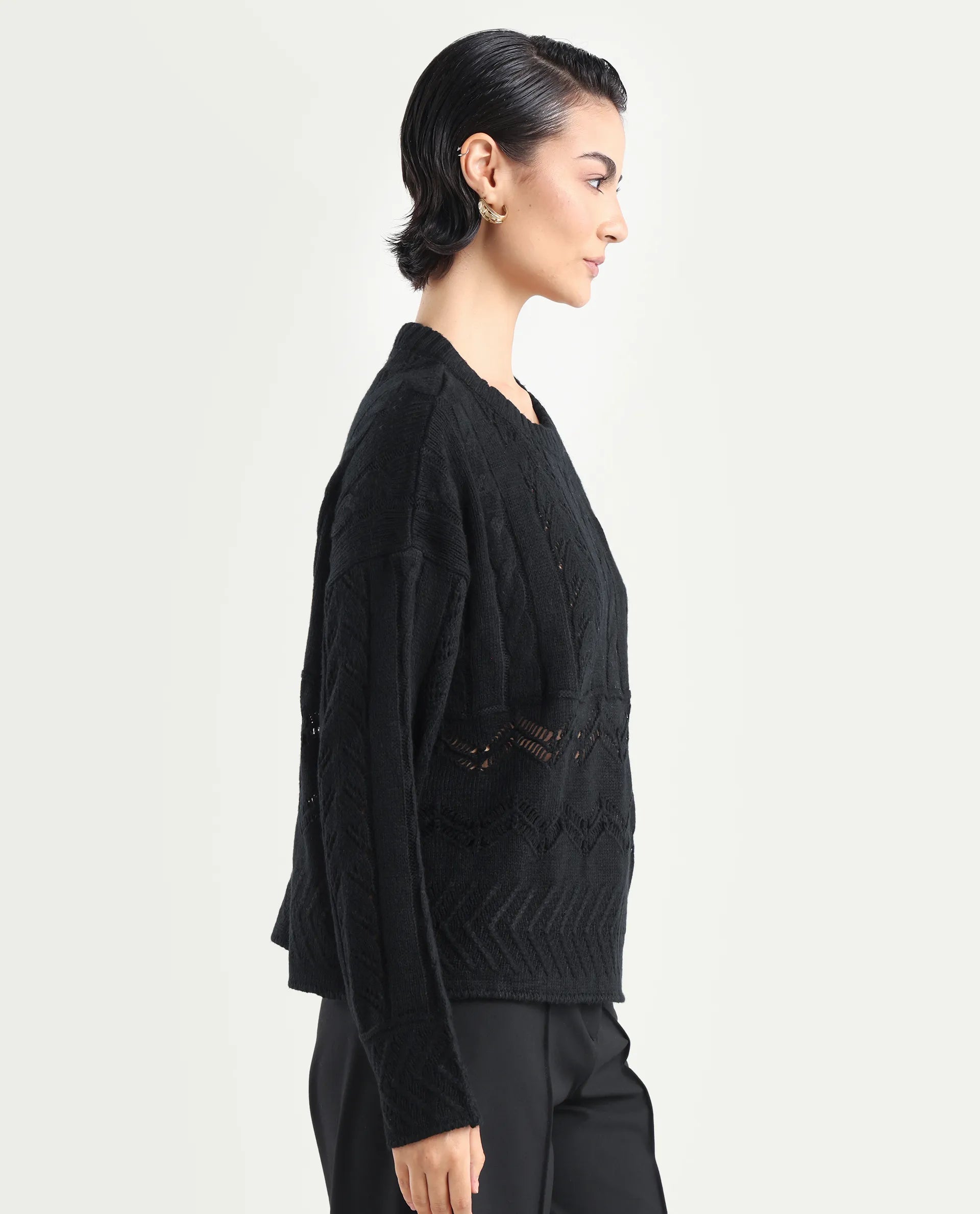 Rareism Women's Saben Black Acrylic Ribbed Collar Plain Boxy Fit Sweater