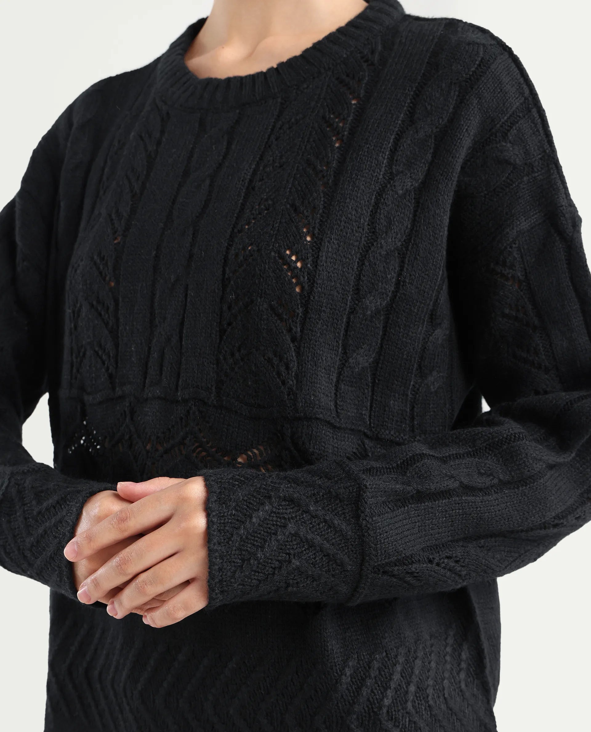 Rareism Women's Saben Black Acrylic Ribbed Collar Plain Boxy Fit Sweater