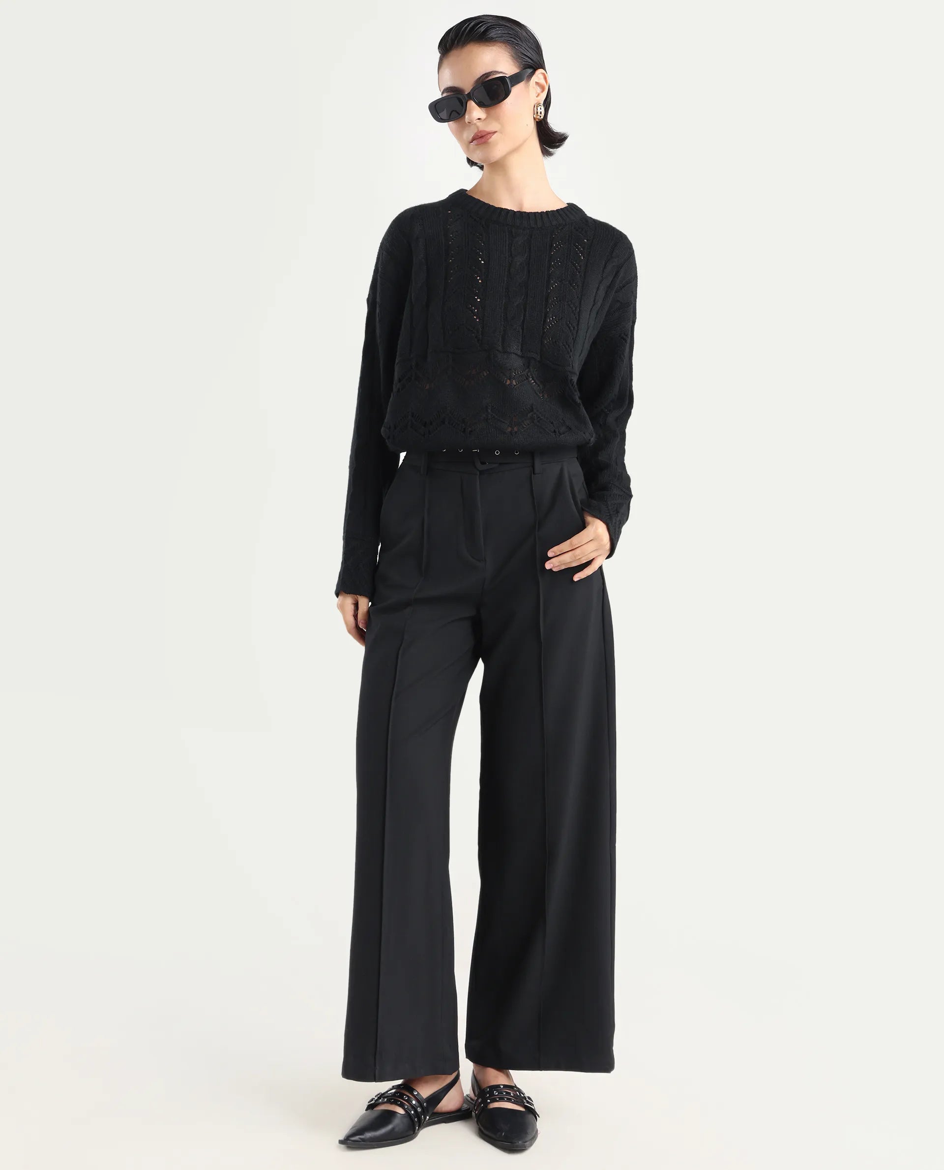 Rareism Women's Saben Black Acrylic Ribbed Collar Plain Boxy Fit Sweater