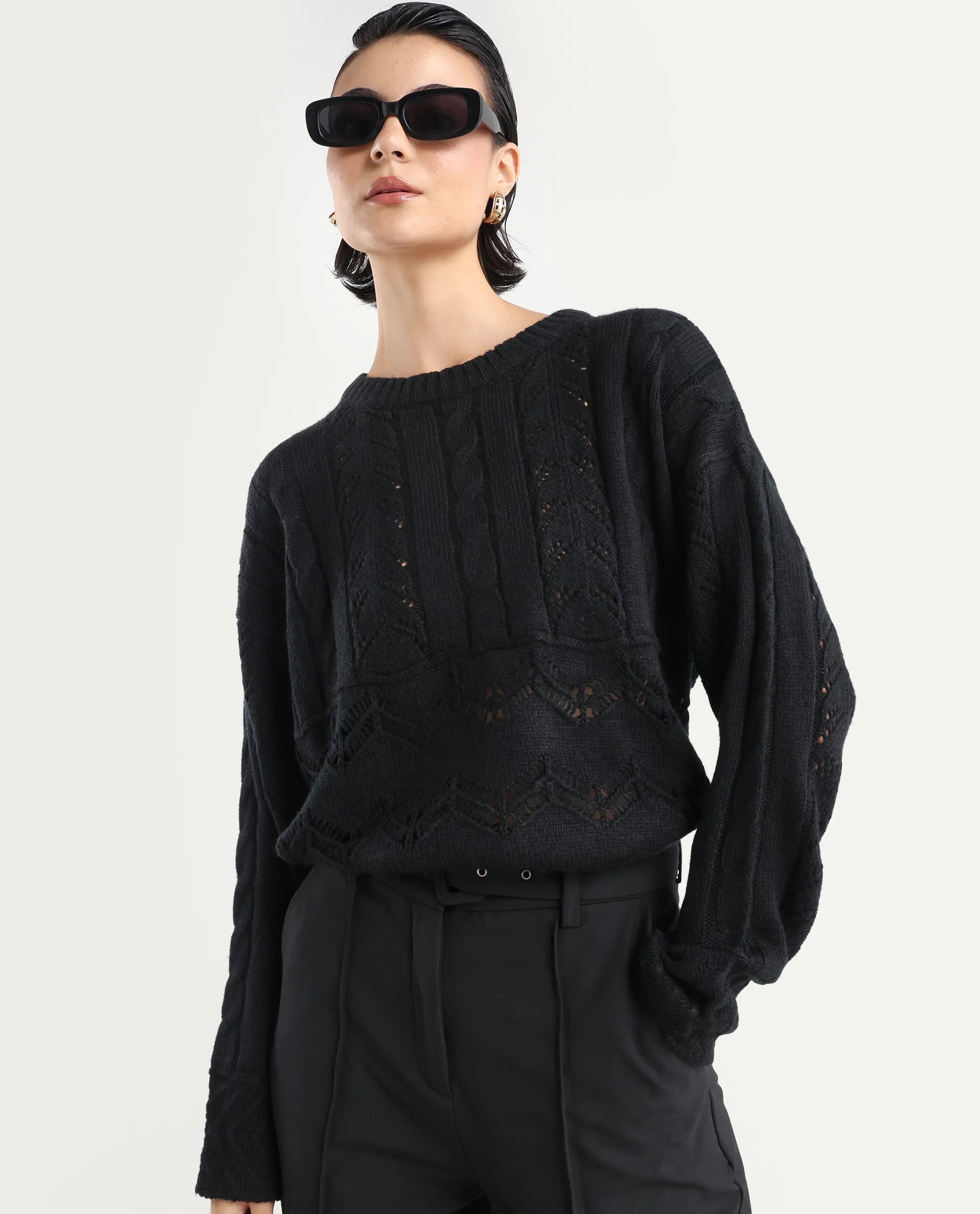 Rareism Women's Saben Black Acrylic Ribbed Collar Plain Boxy Fit Sweater