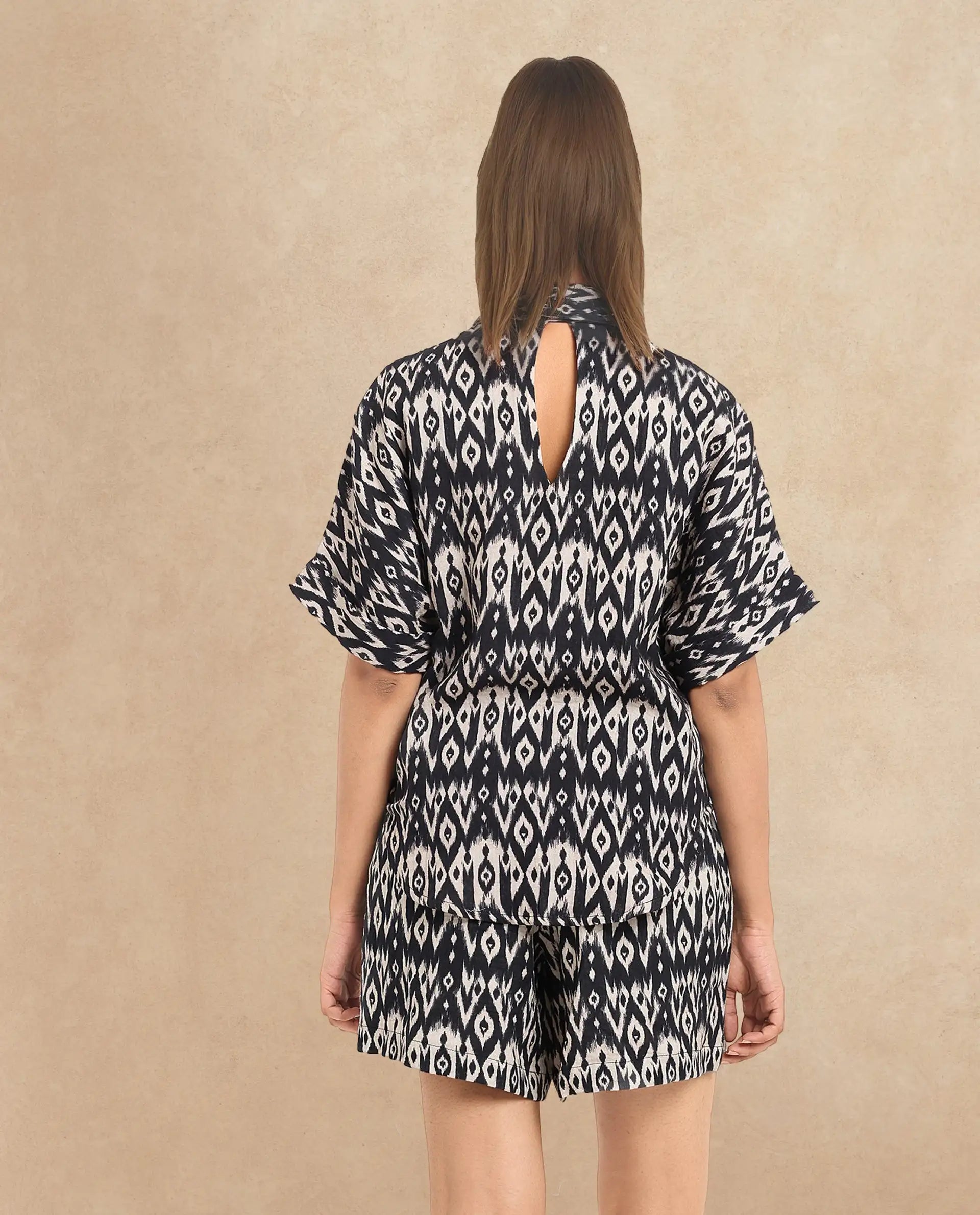 Rareism Women Sabuto-T Black Short Sleeve Collared Neck Button Closure Boxy Fit Printed Shirt