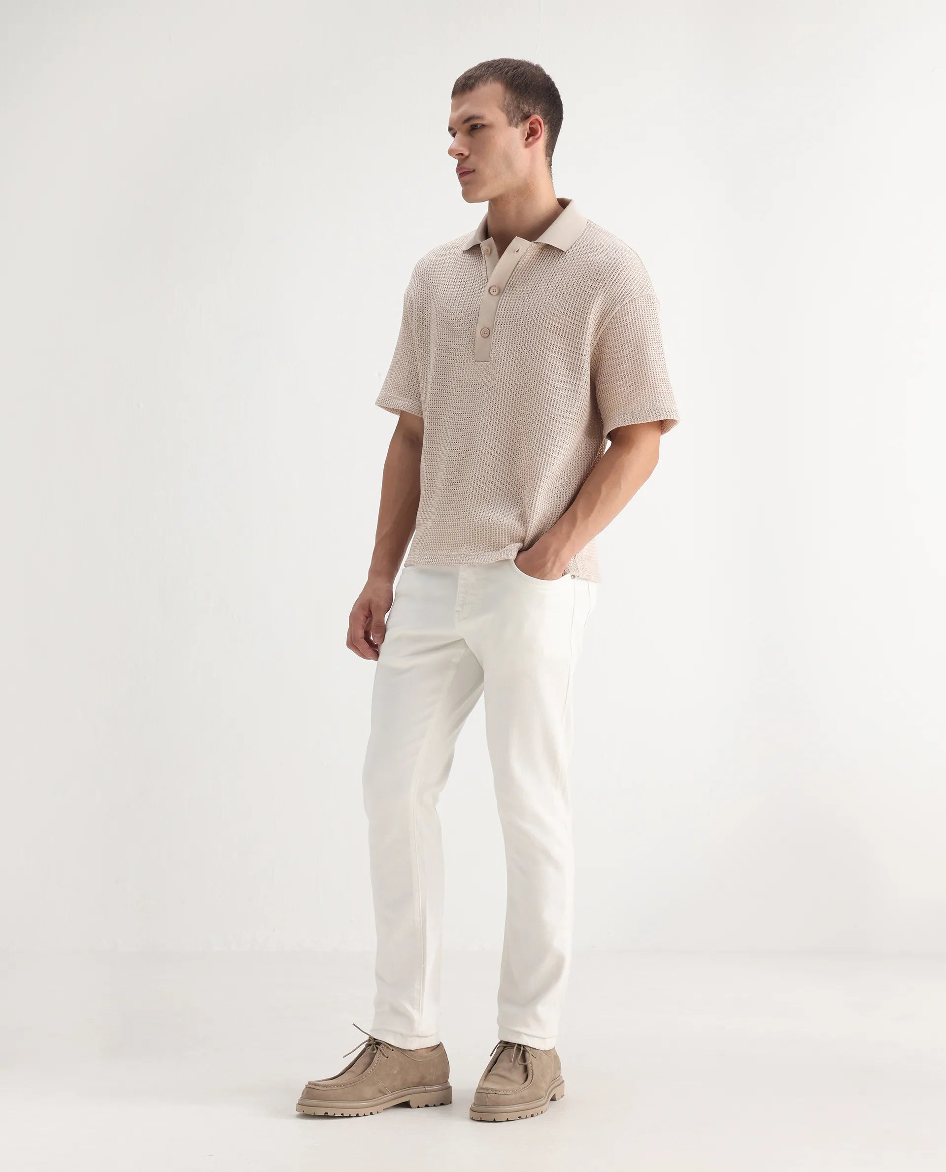 Rare Rabbit Men's Safi White Cotton Blend Plain Hawk Slim Fit Jeans