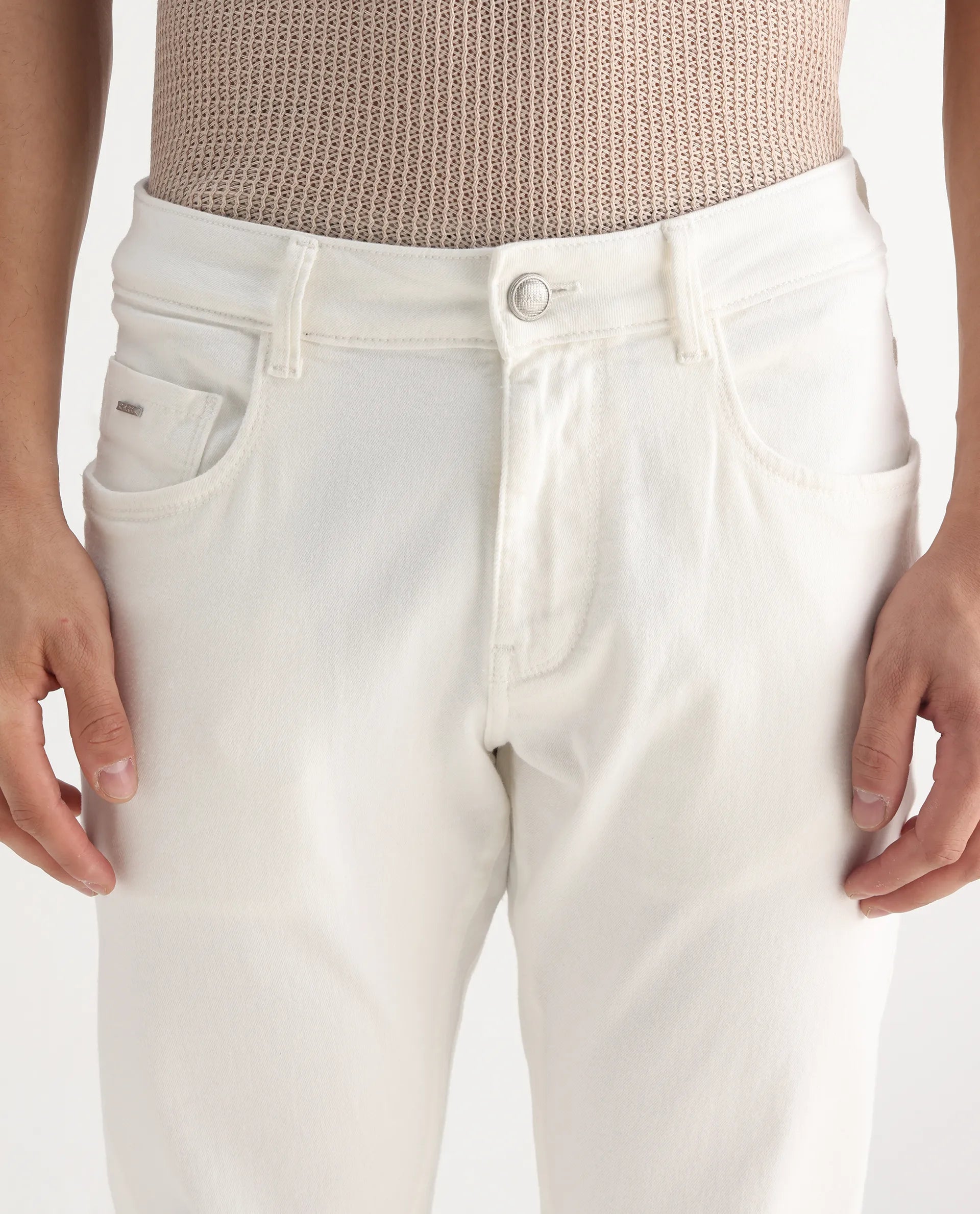 Rare Rabbit Men's Safi White Cotton Blend Plain Hawk Slim Fit Jeans
