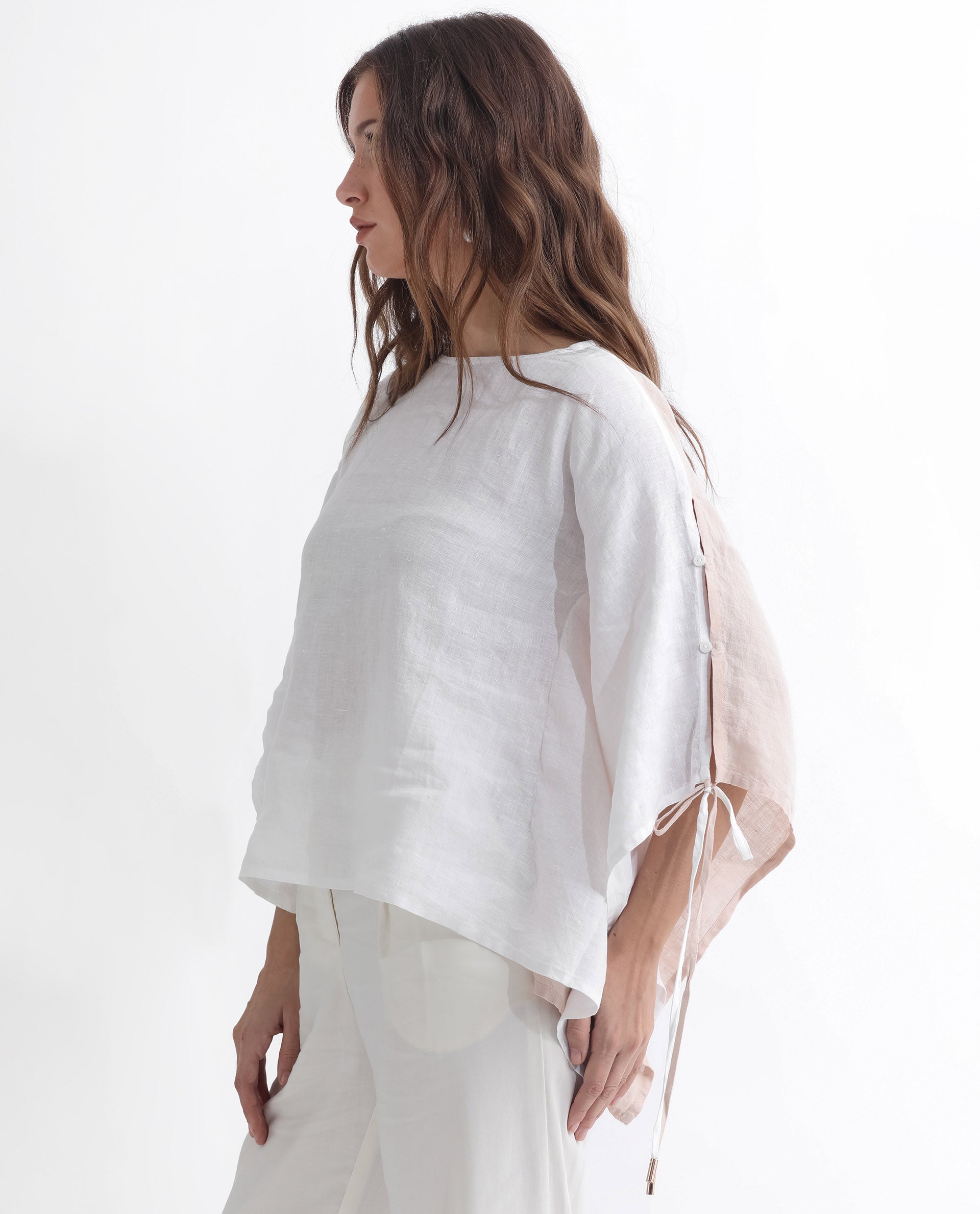 Rareism Women Safron White Linen Fabric Regular Fit Boat Neck Half Sleeves Solid Top