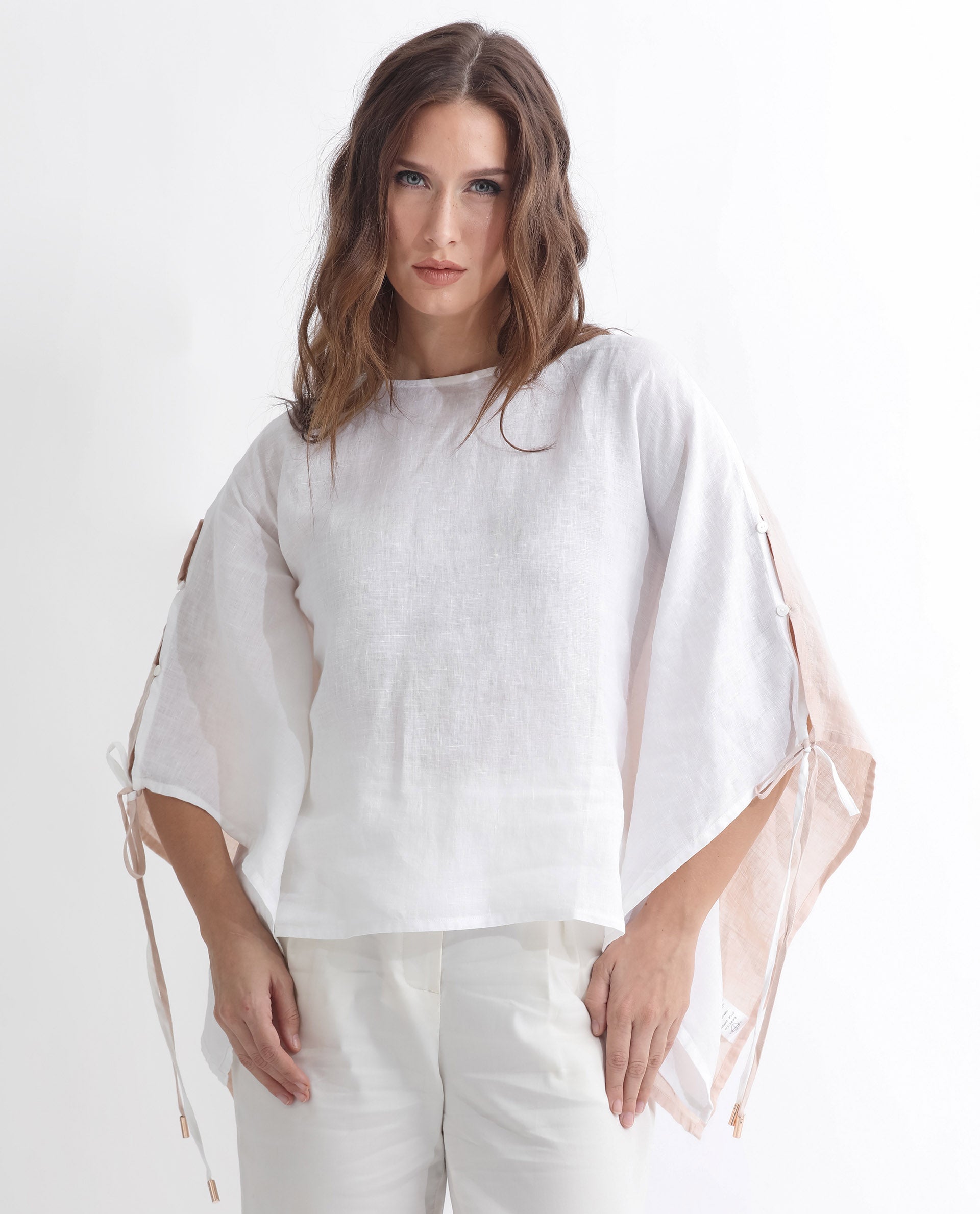 Rareism Women Safron White Linen Fabric Regular Fit Boat Neck Half Sleeves Solid Top