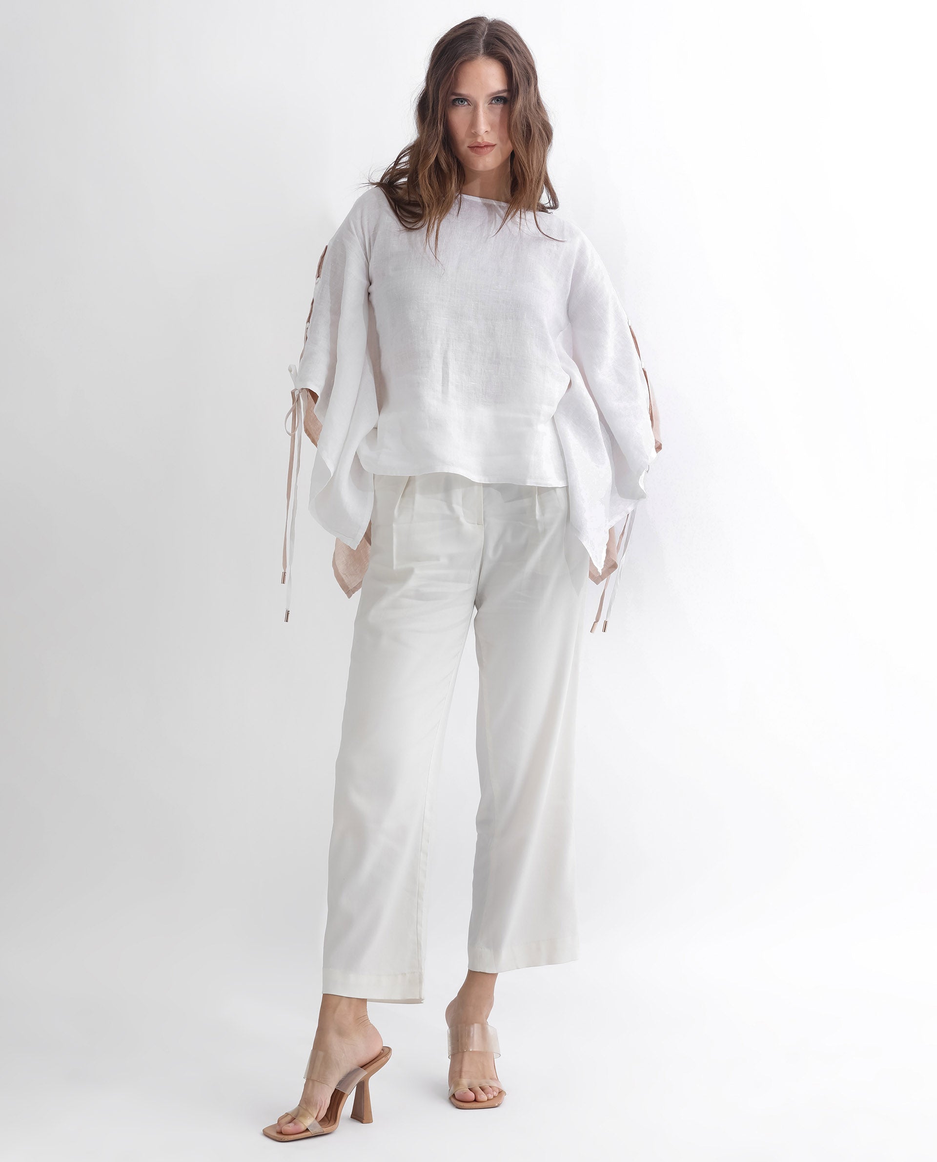 Rareism Women Safron White Linen Fabric Regular Fit Boat Neck Half Sleeves Solid Top