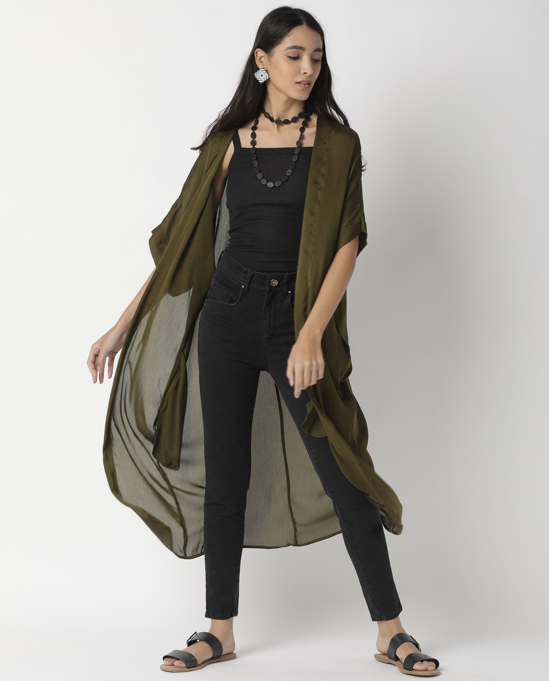 Rareism Womens Saga Green Outer Wear Polyester Fabric Regular Fit Half Sleeve