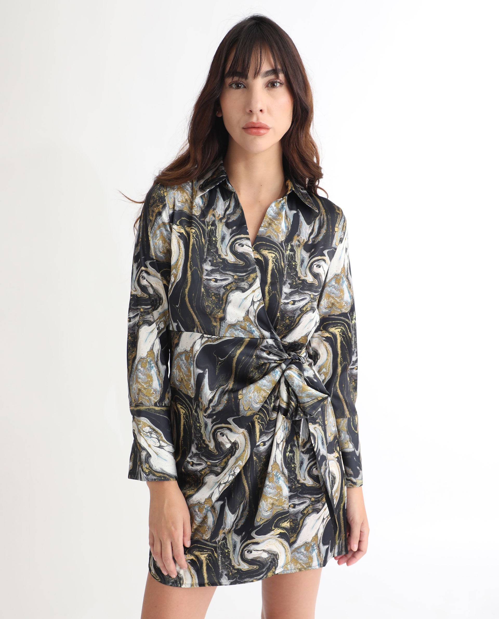 Rareism Women Sager Black Polyester Fabric Full Sleeves Tie-Up Closure Shirt Collar Regular Fit Abstract Print Short Wrap Dress
