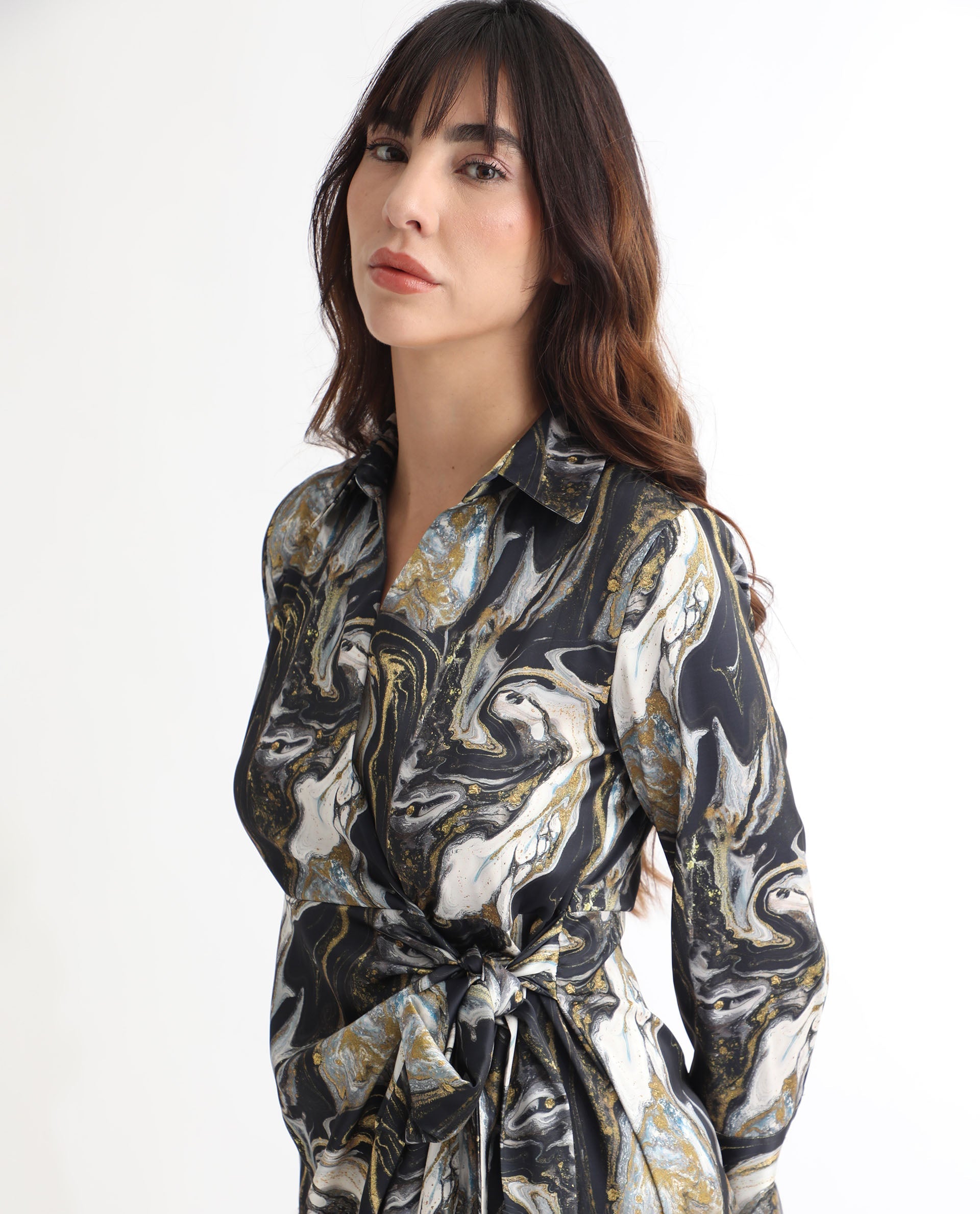 Rareism Women Sager Black Polyester Fabric Full Sleeves Tie-Up Closure Shirt Collar Regular Fit Abstract Print Short Wrap Dress