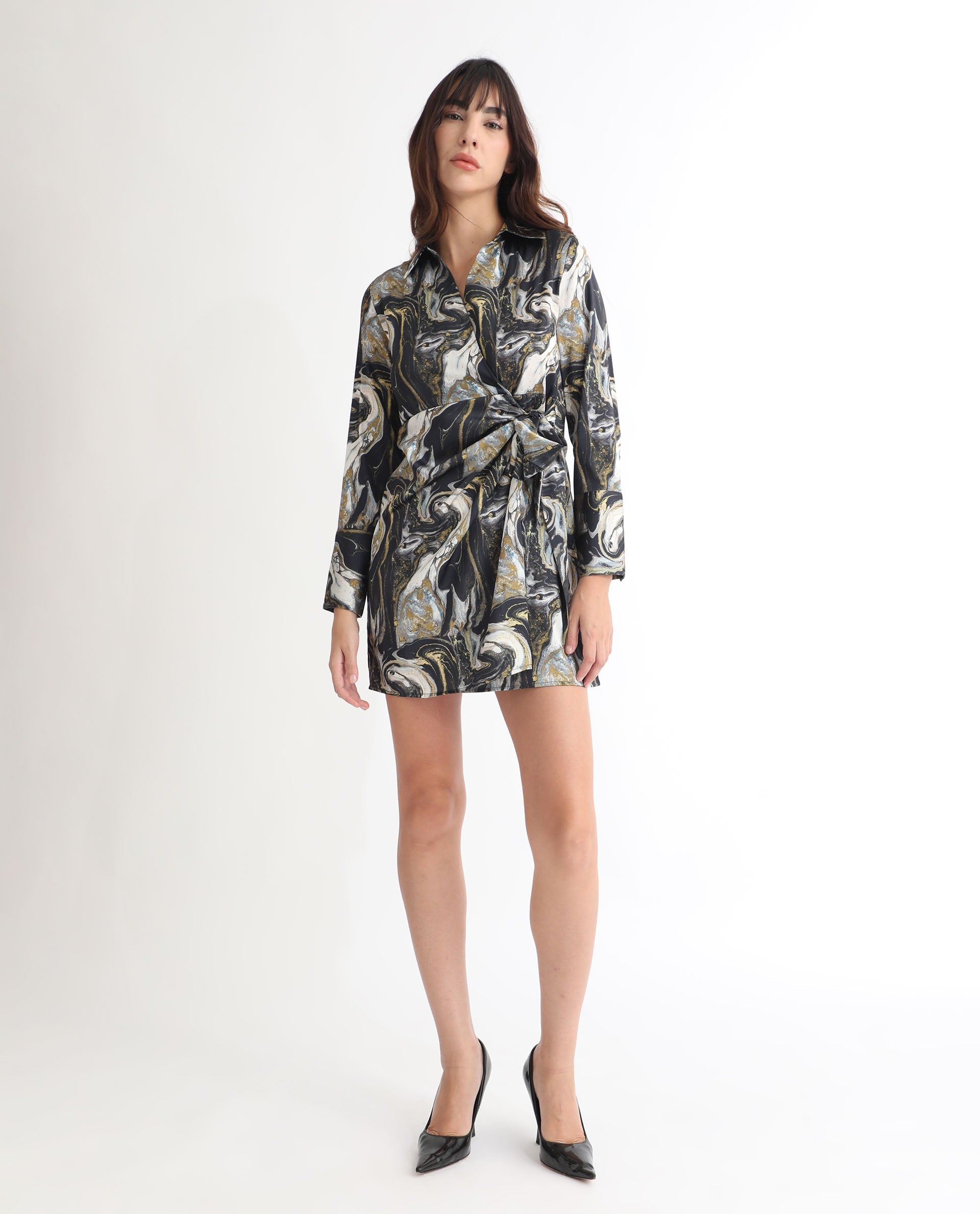 Rareism Women Sager Black Polyester Fabric Full Sleeves Tie-Up Closure Shirt Collar Regular Fit Abstract Print Short Wrap Dress