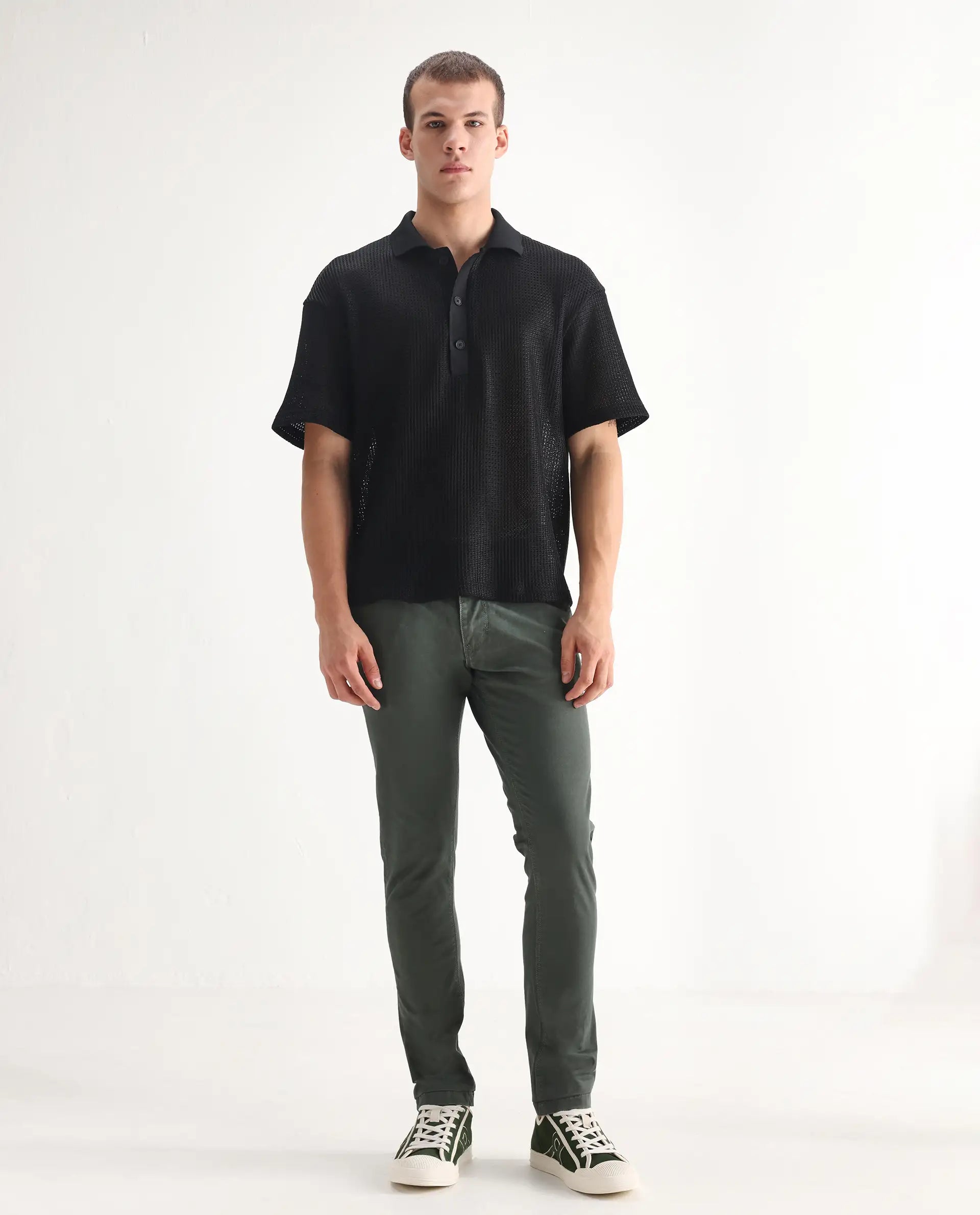 Rare Rabbit Men's Saho Olive Cotton Plain Hawk Slim Fit Jeans