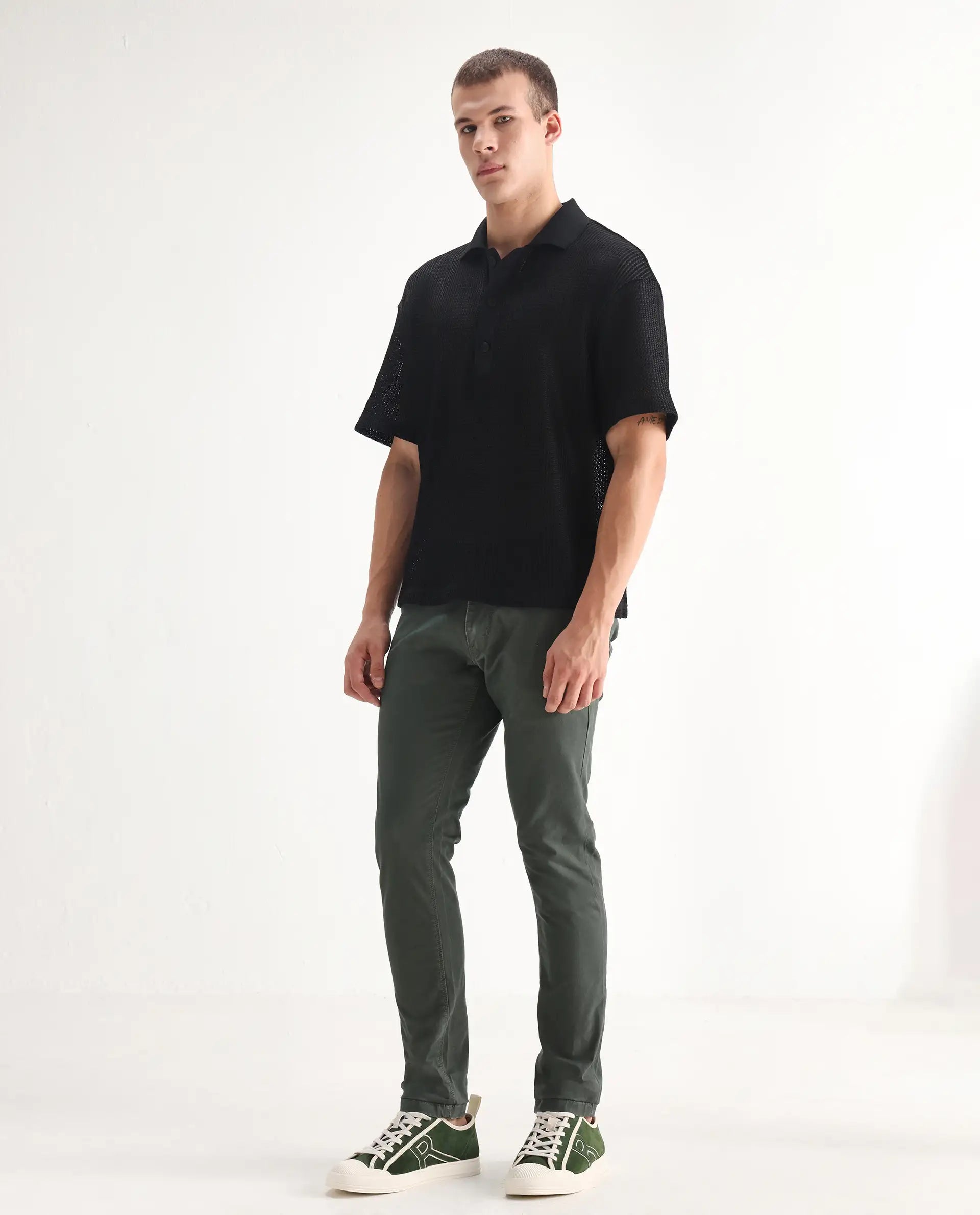 Rare Rabbit Men's Saho Olive Cotton Plain Hawk Slim Fit Jeans