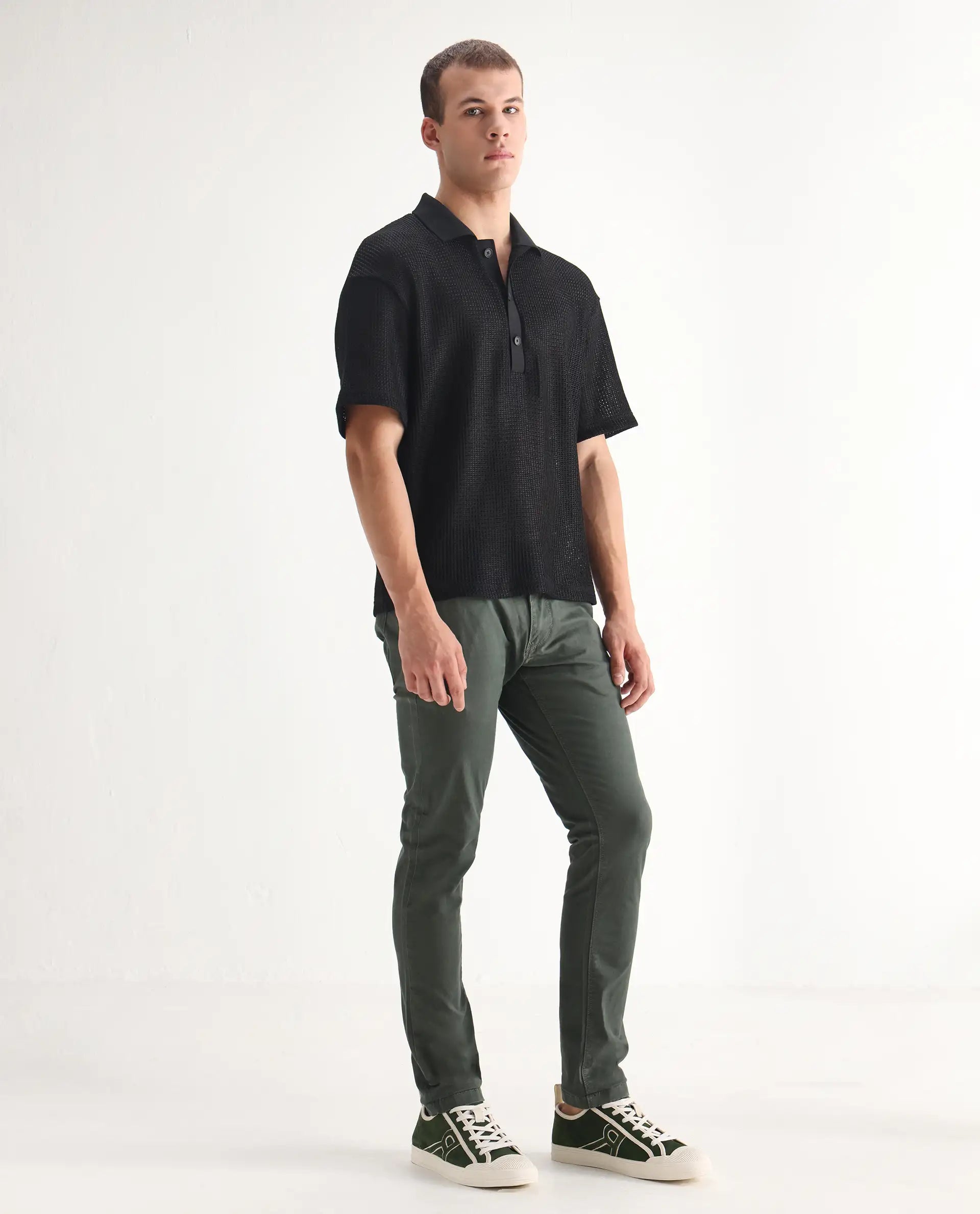 Rare Rabbit Men's Saho Olive Cotton Plain Hawk Slim Fit Jeans