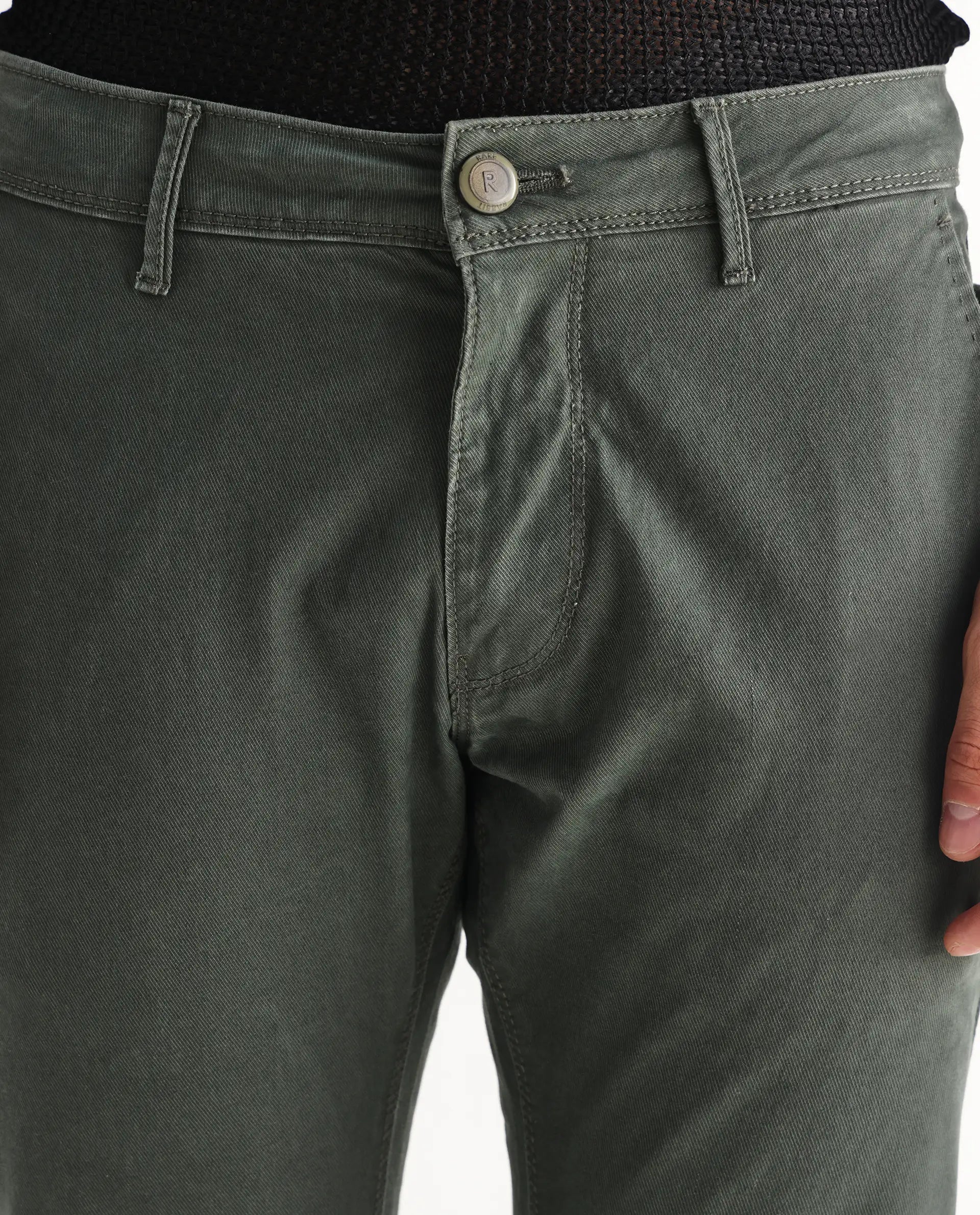 Rare Rabbit Men's Saho Olive Cotton Plain Hawk Slim Fit Jeans